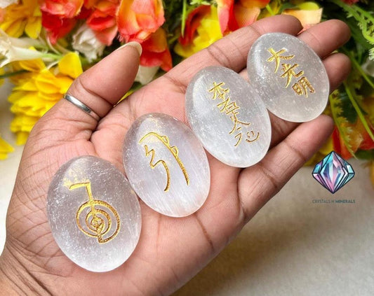 Selenite Stone Set Of 4 Usui Reiki Symbol Engraved Oval Shape Stone