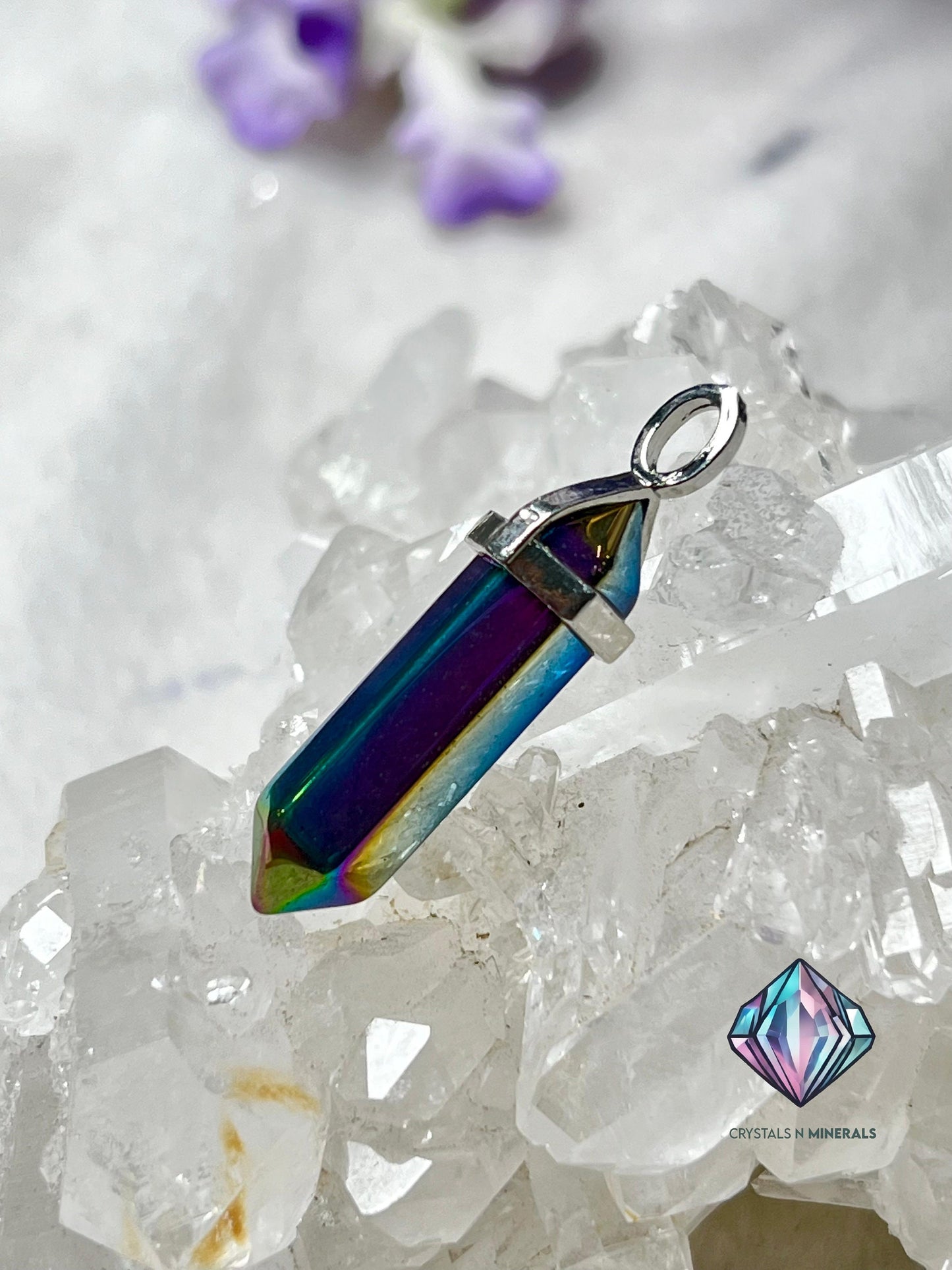 Titanium Aura Quartz Stone Double Point Pencil Pendant with Black Cord