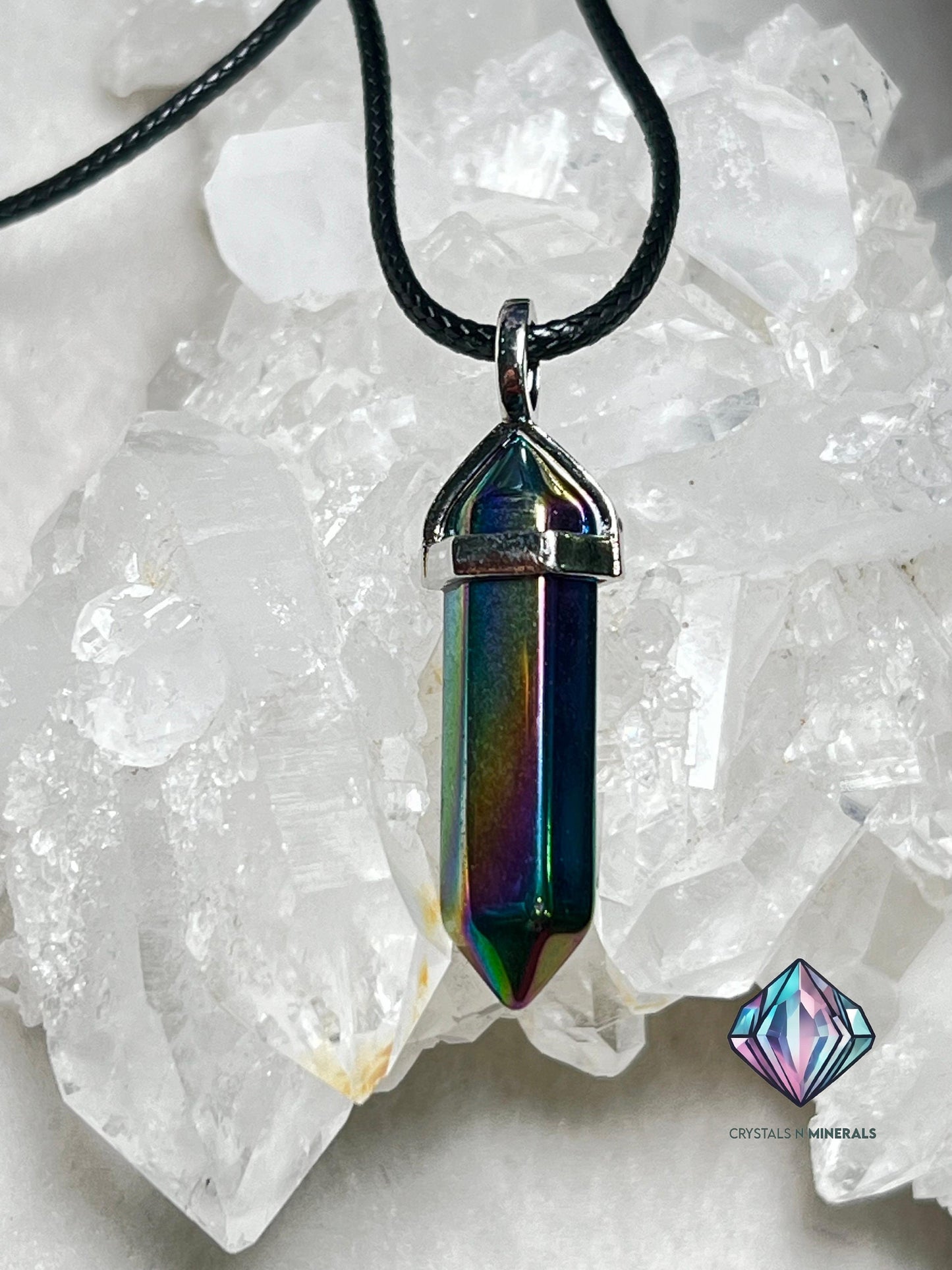 Titanium Aura Quartz Stone Double Point Pencil Pendant with Black Cord