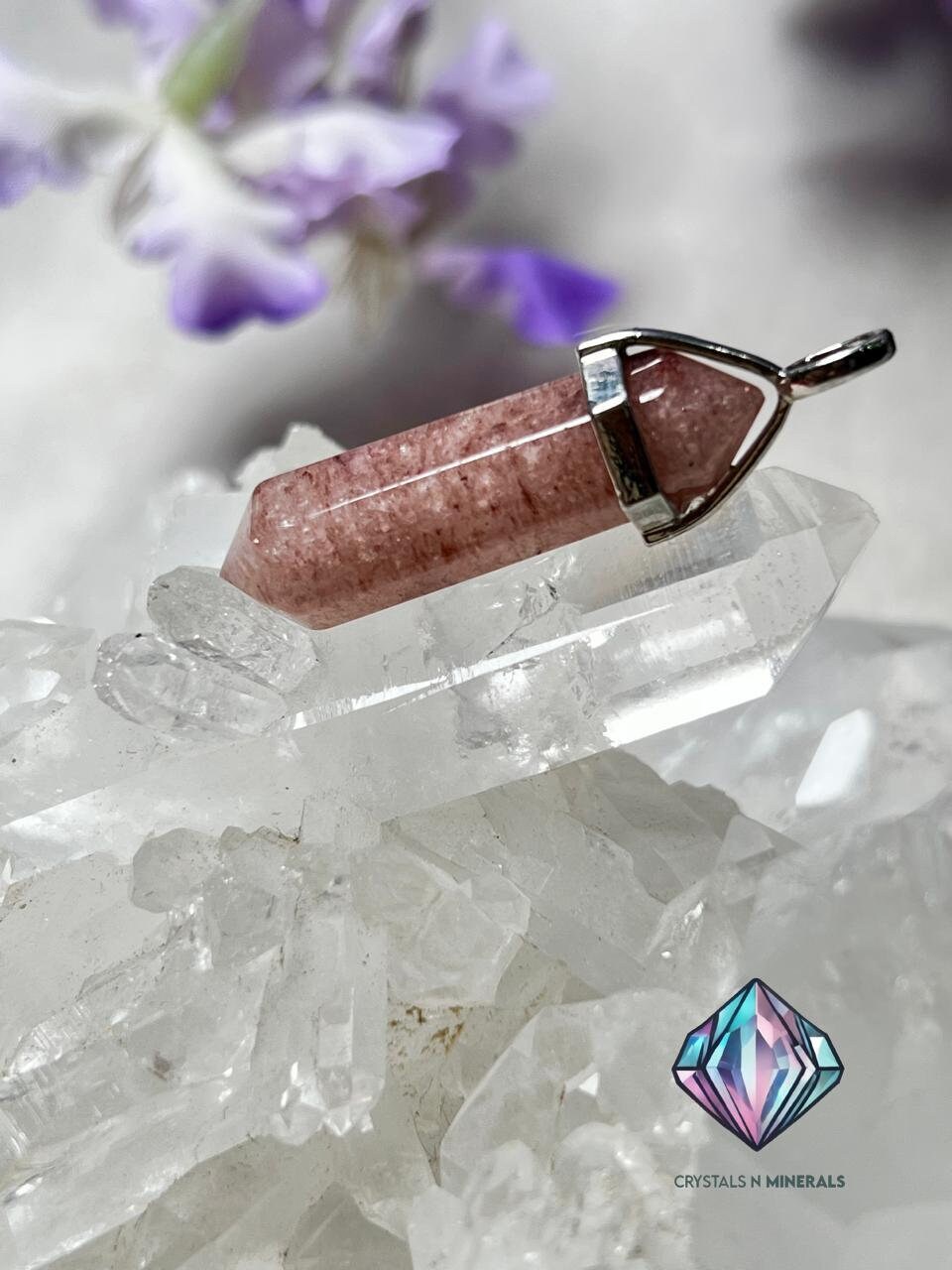 Strawberry Quartz Stone Double Point Pencil Pendant with Black Cord