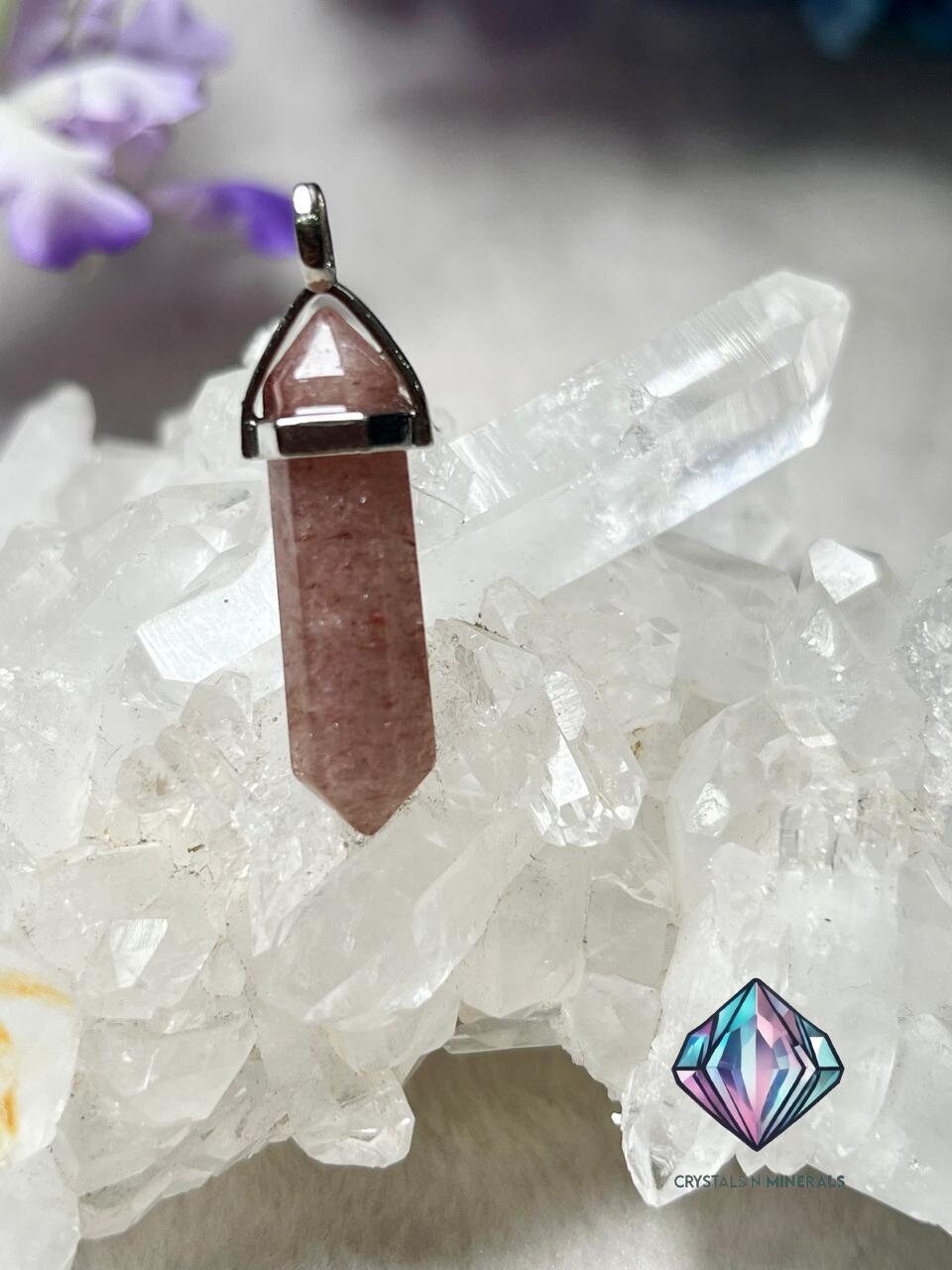 Strawberry Quartz Stone Double Point Pencil Pendant with Black Cord