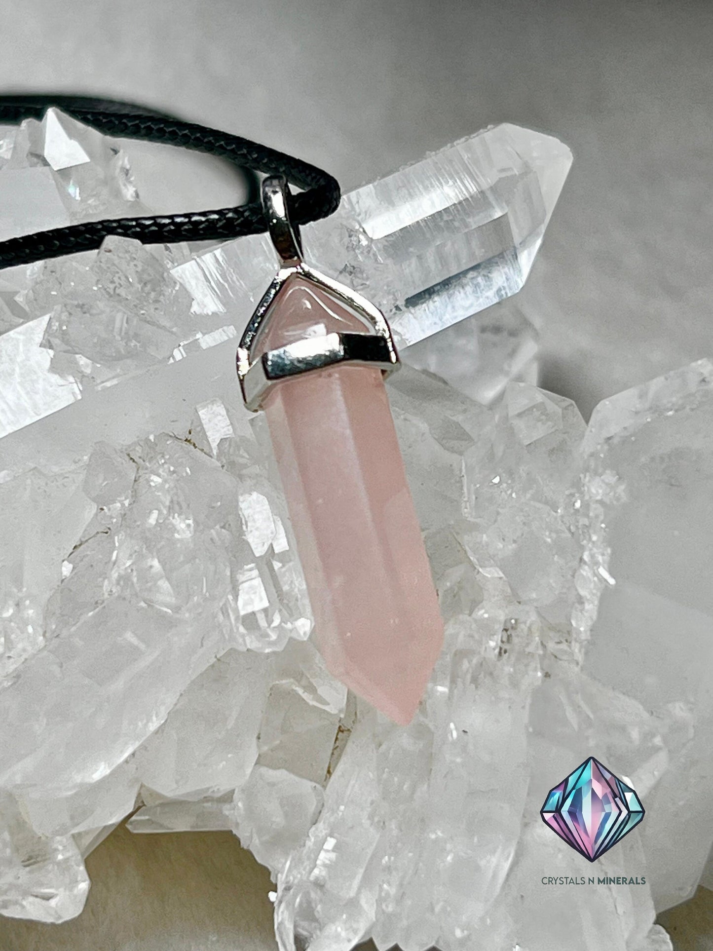 Rose Quartz Stone Double Point Pencil Pendant with Black Cord