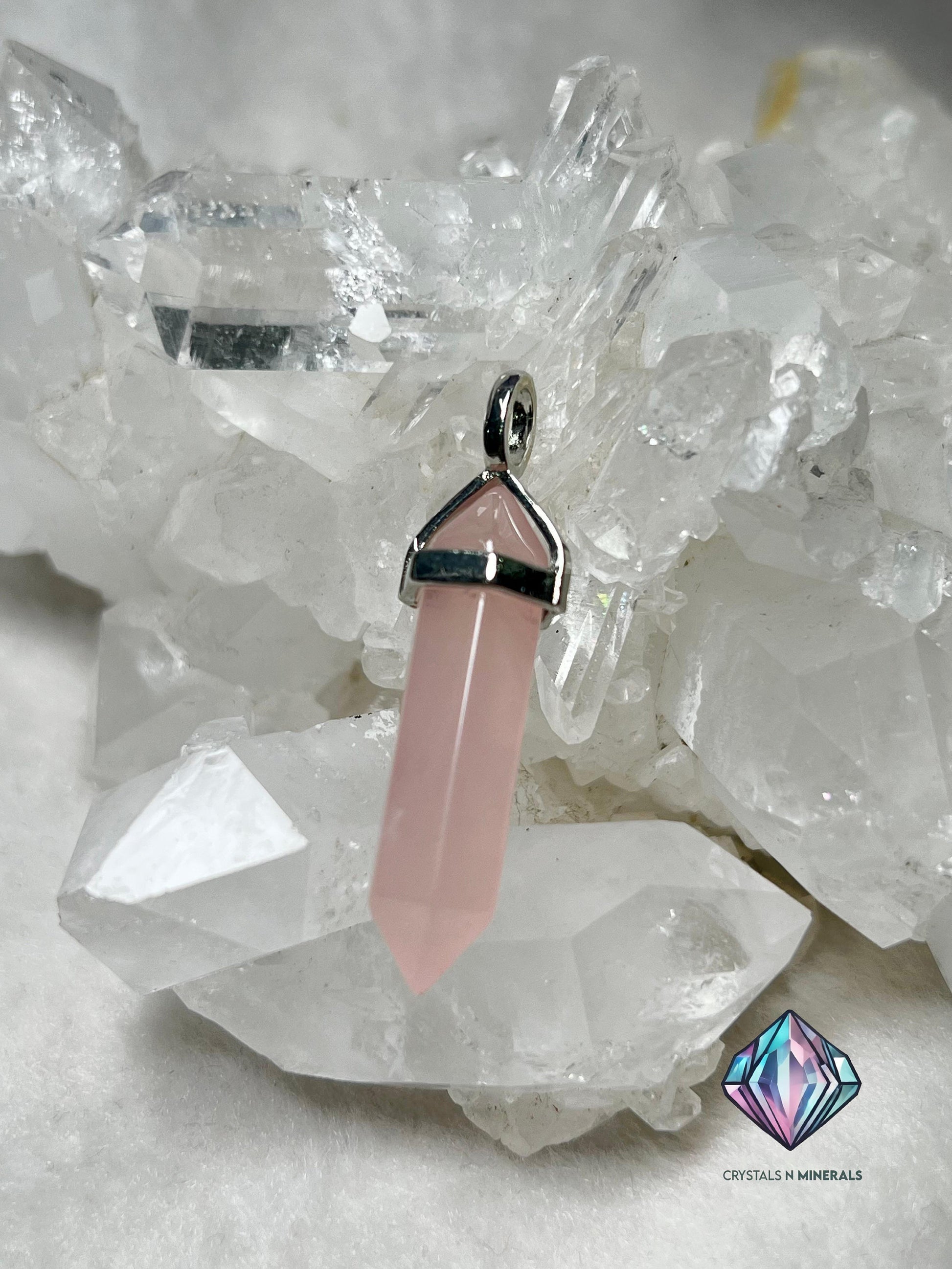 Rose Quartz Stone Double Point Pencil Pendant with Black Cord