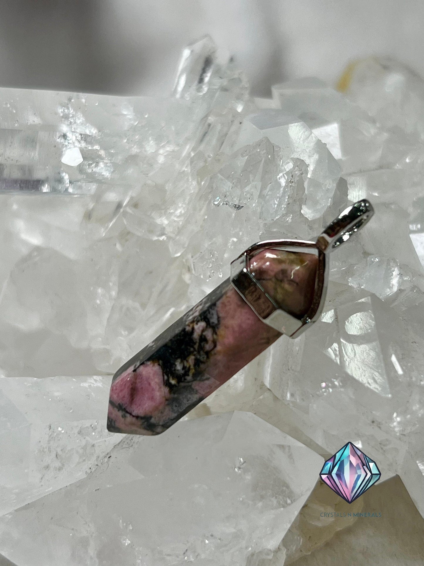 Rhodonite Stone Double Point Pencil Pendant with Black Cord