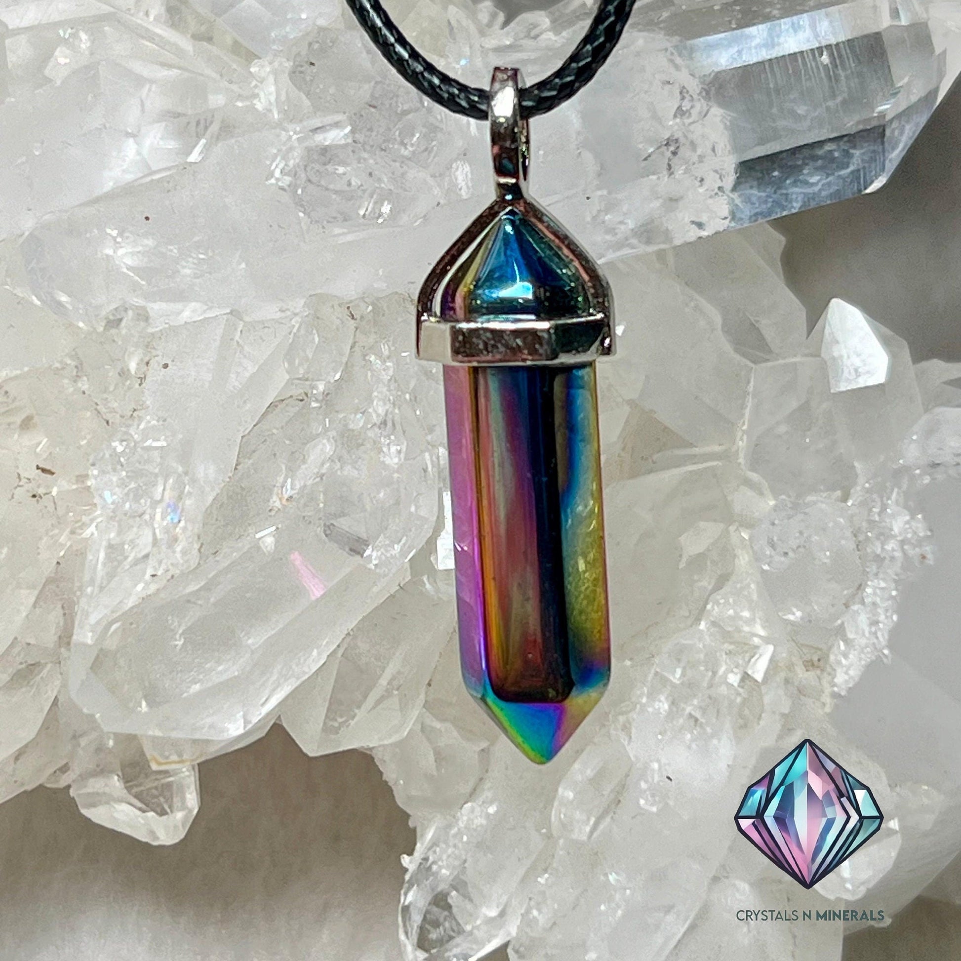 Titanium Aura Quartz Stone Double Point Pencil Pendant with Black Cord