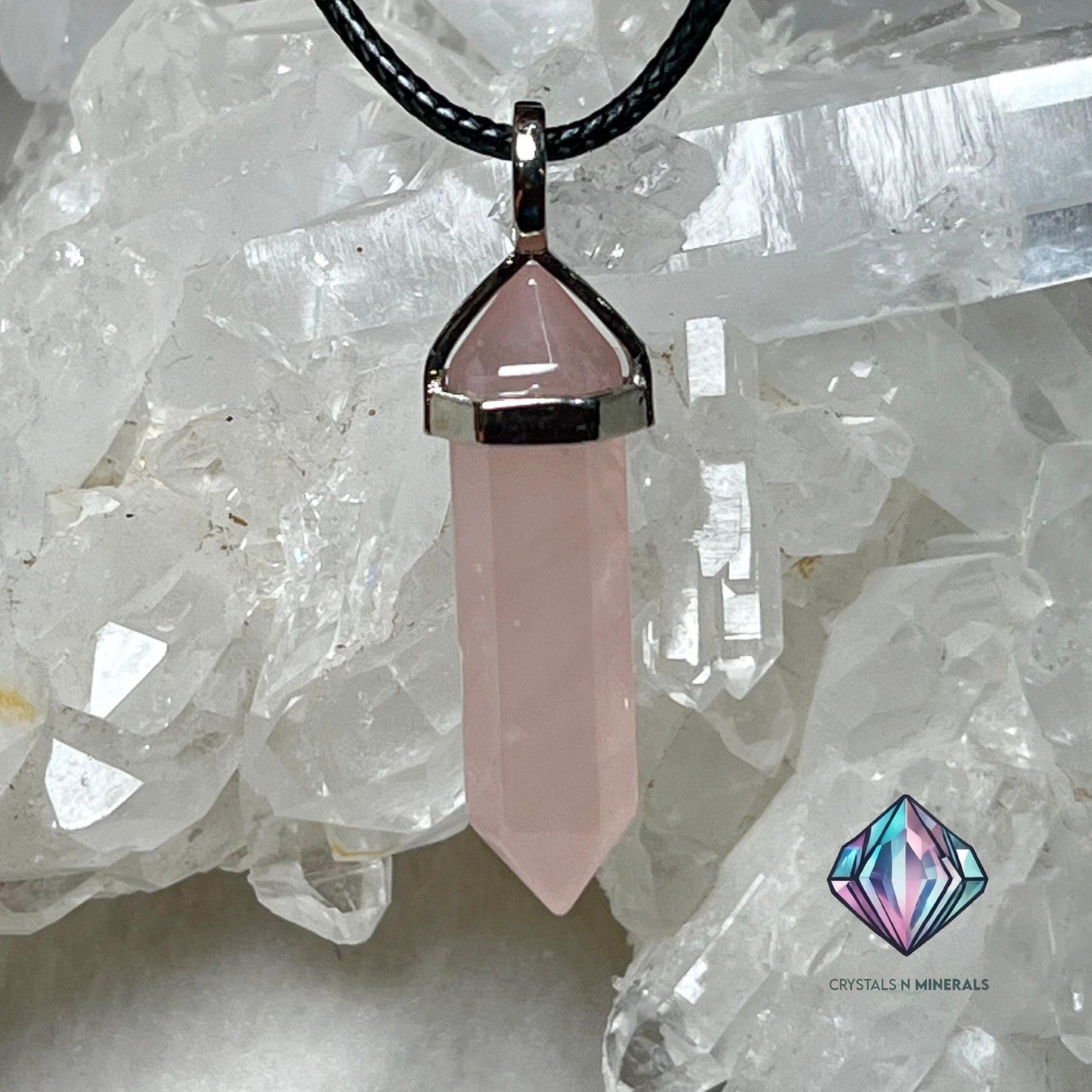 Rose Quartz Stone Double Point Pencil Pendant with Black Cord