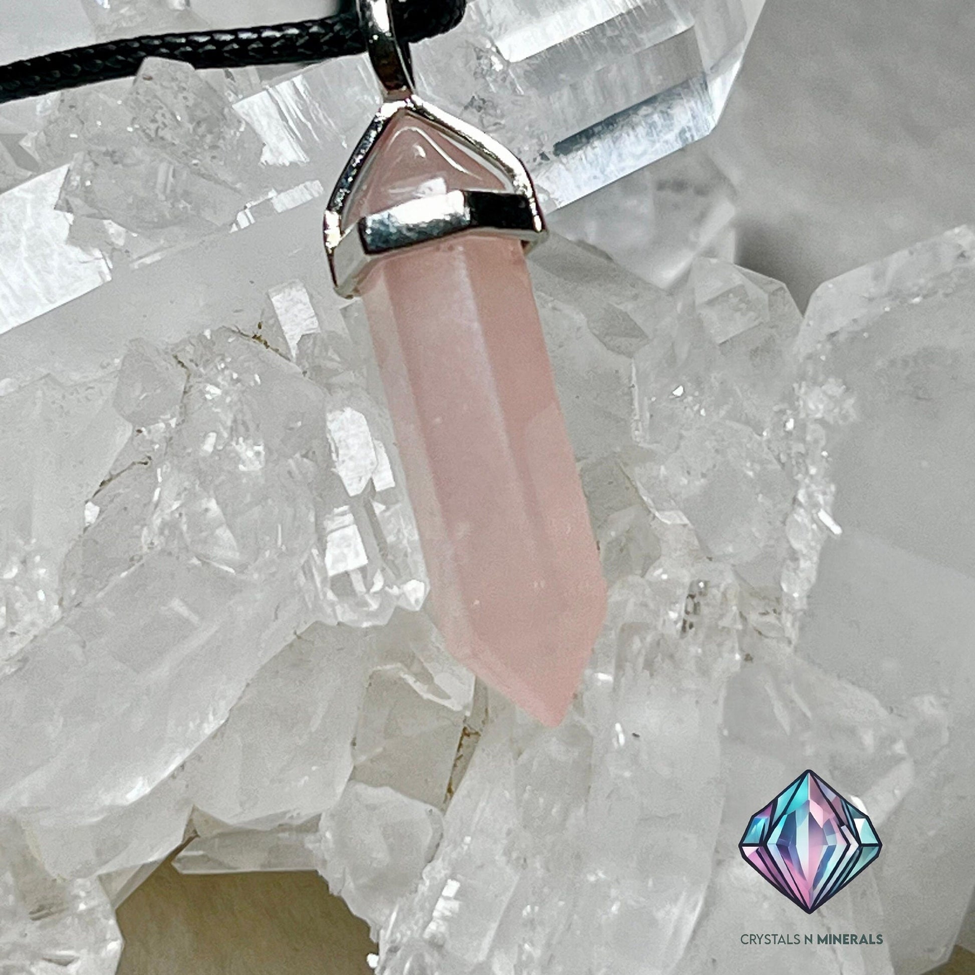 Rose Quartz Stone Double Point Pencil Pendant with Black Cord