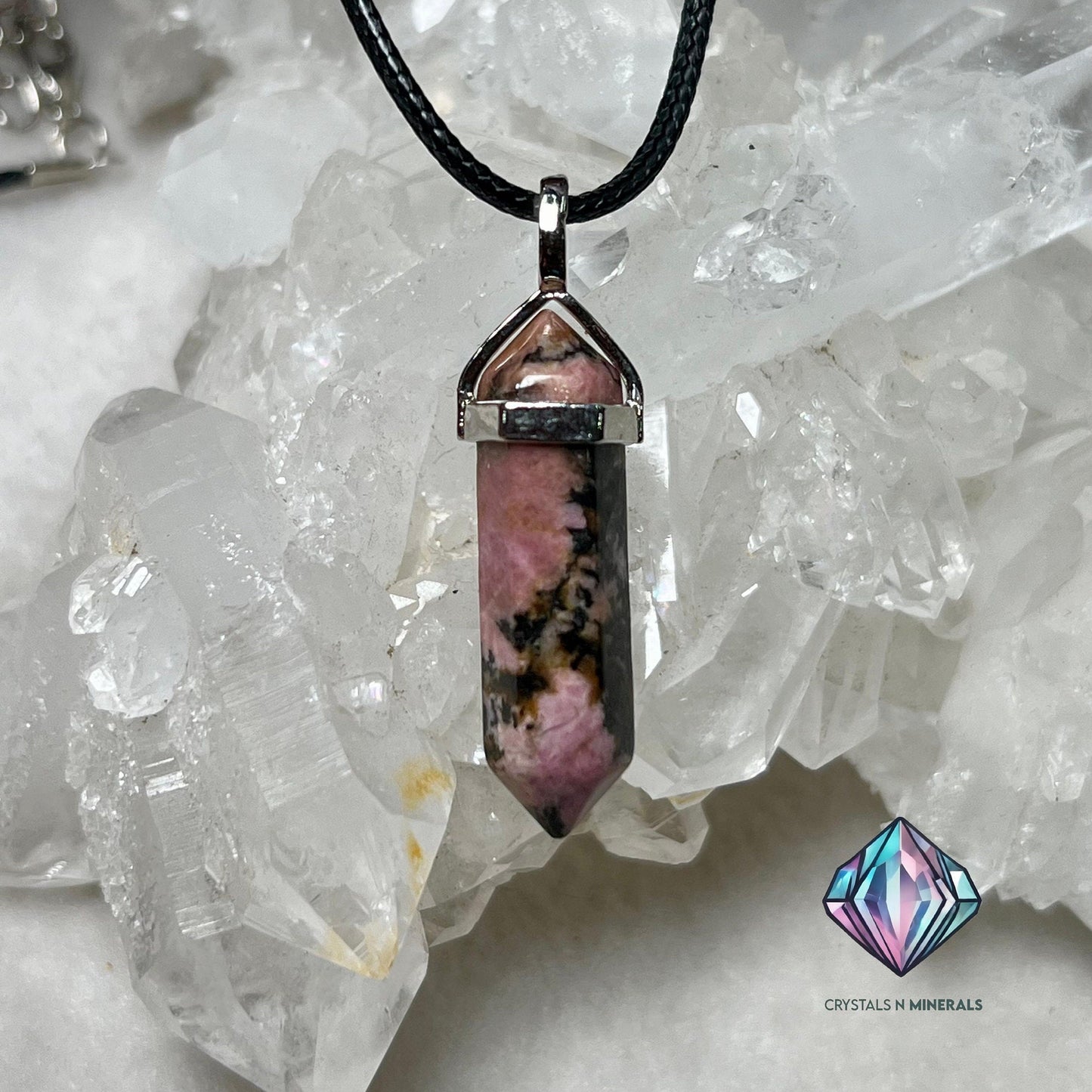 Rhodonite Stone Double Point Pencil Pendant with Black Cord