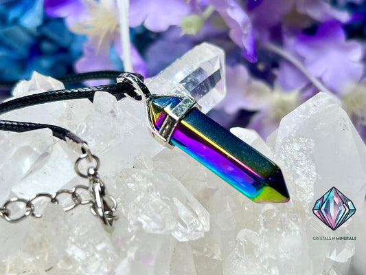 Titanium Aura Quartz Stone Double Point Pencil Pendant with Black Cord