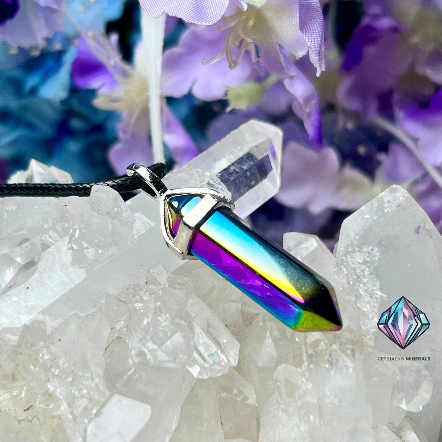 Titanium Aura Quartz Stone Double Point Pencil Pendant with Black Cord