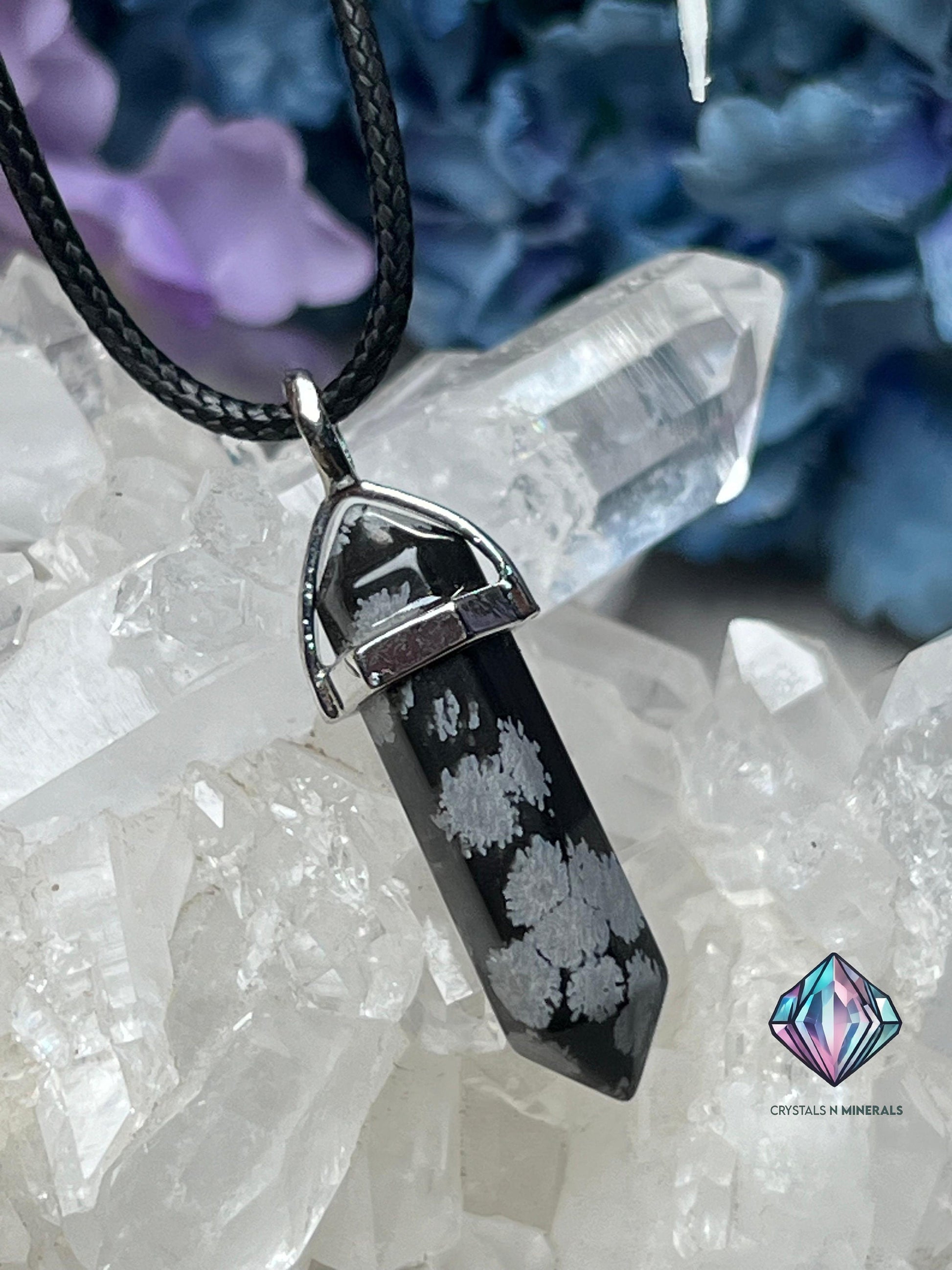 Snowflake Obsidian Stone Double Point Pencil Pendant with Black Cord