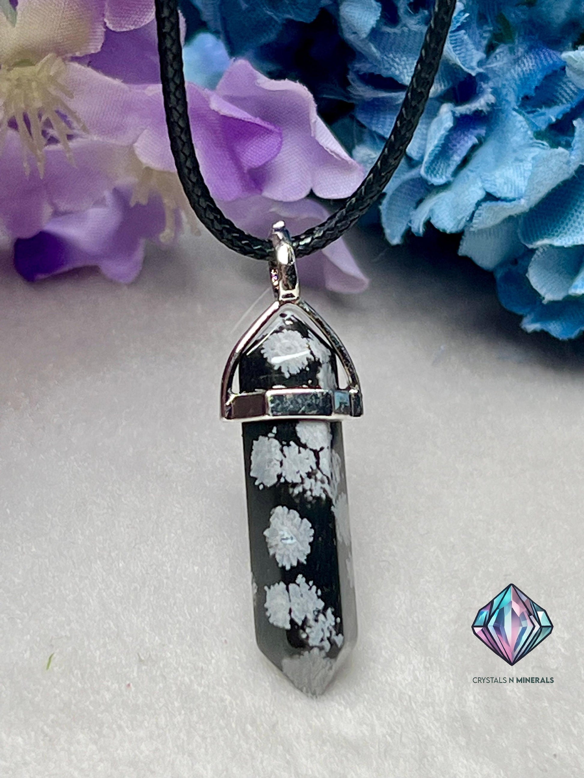 Snowflake Obsidian Stone Double Point Pencil Pendant with Black Cord