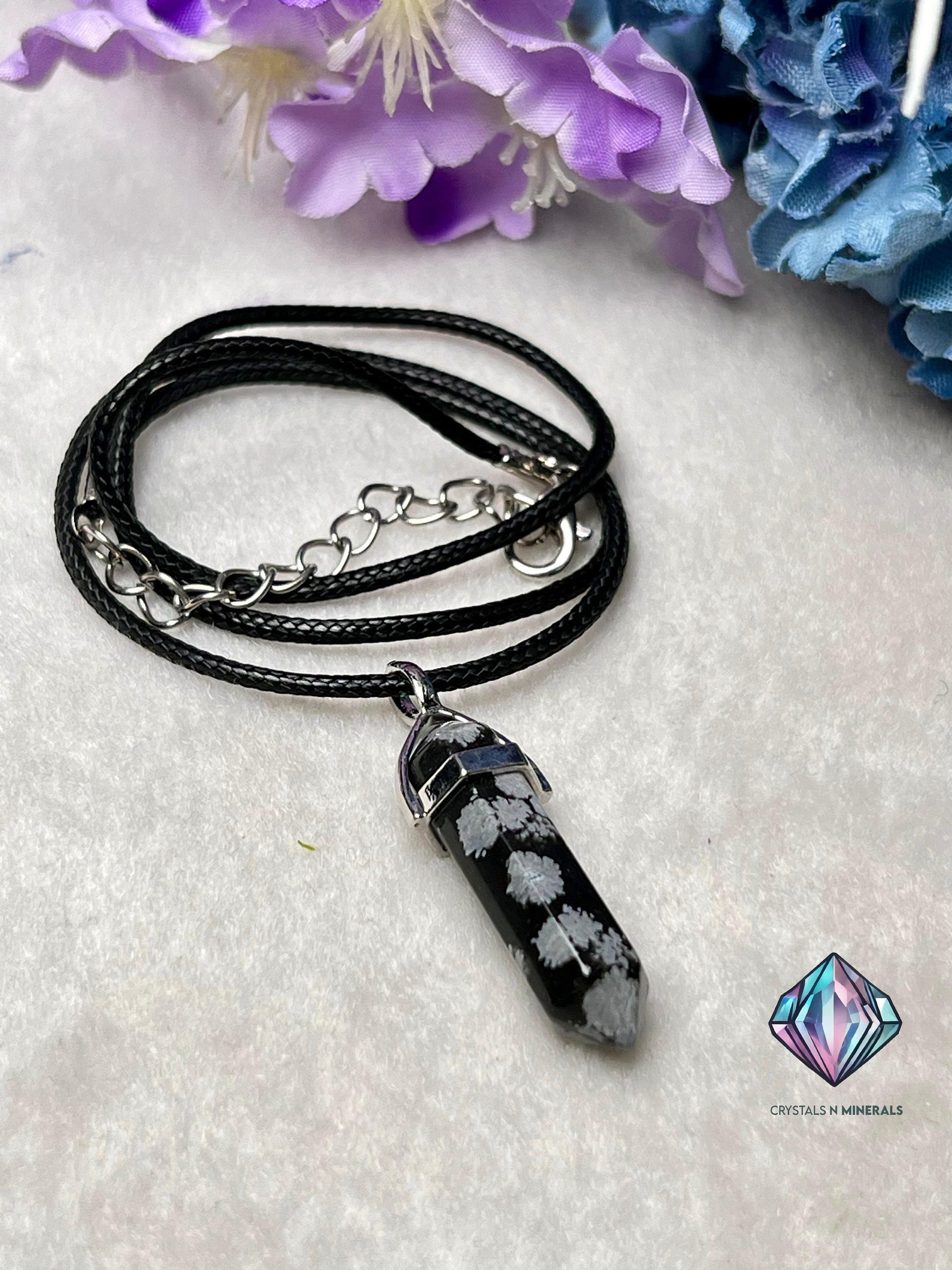 Snowflake Obsidian Stone Double Point Pencil Pendant with Black Cord