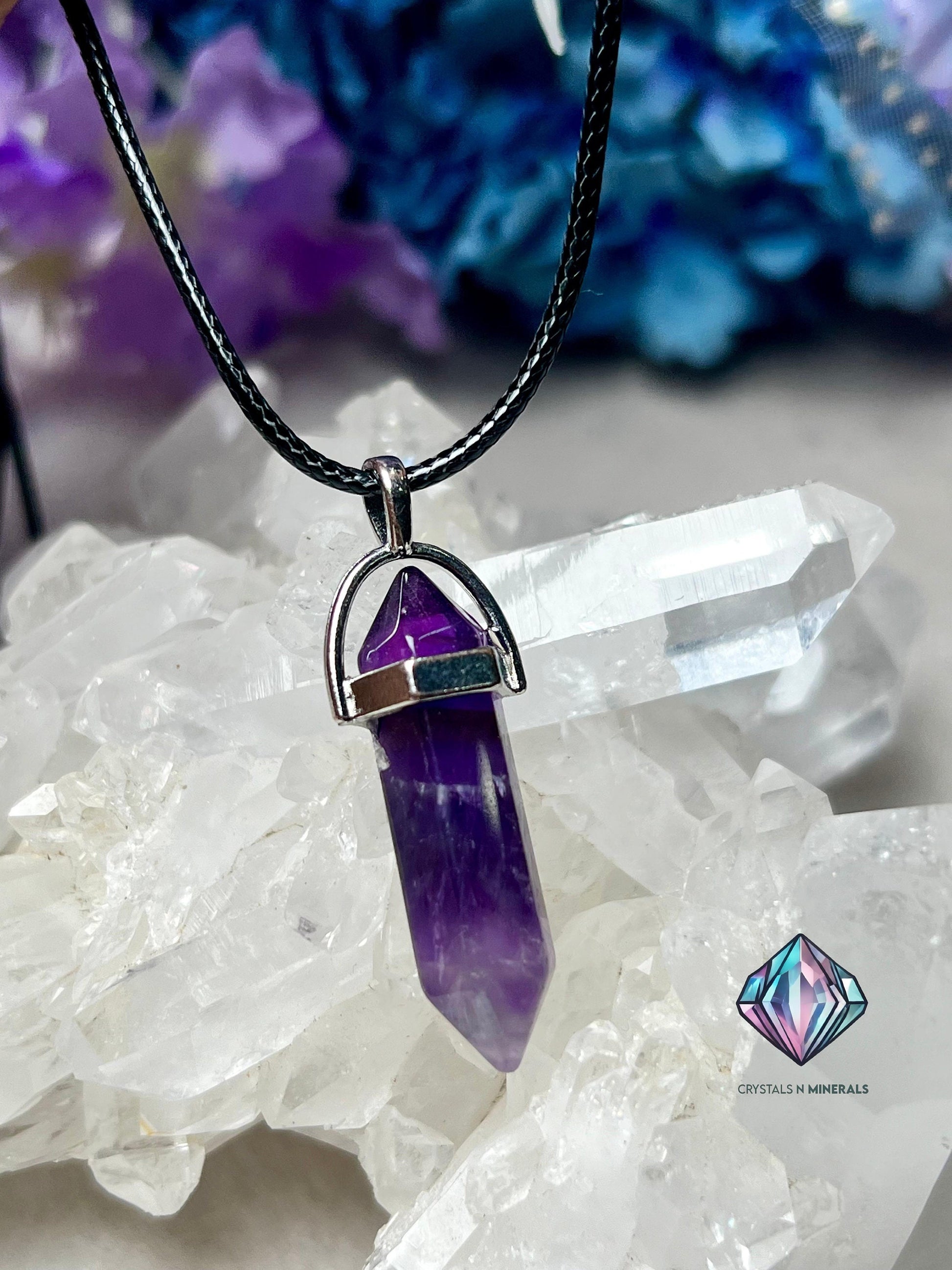 Amethyst Stone Double Point Pencil Pendant with Black Cord