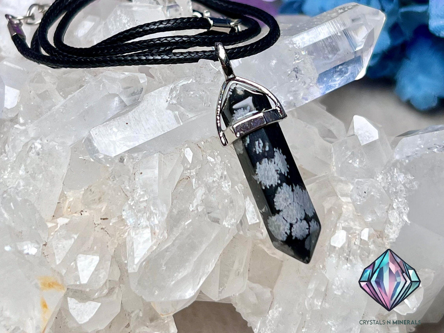 Snowflake Obsidian Stone Double Point Pencil Pendant with Black Cord