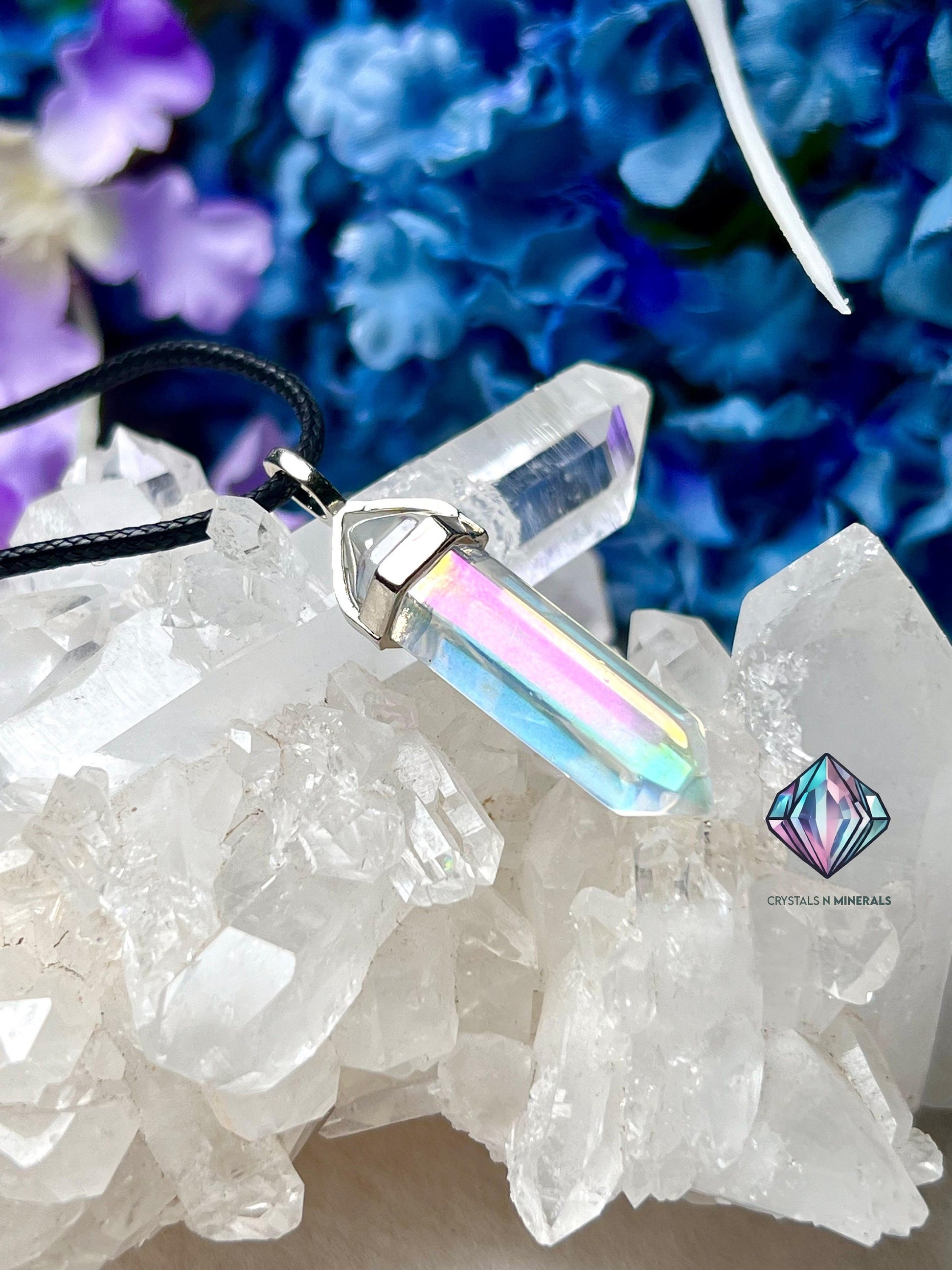 Mystic Angel Aura Quartz Double Point Pendant – Healing Crystal Pencil Necklace with Black Cord (40mm x 10mm)