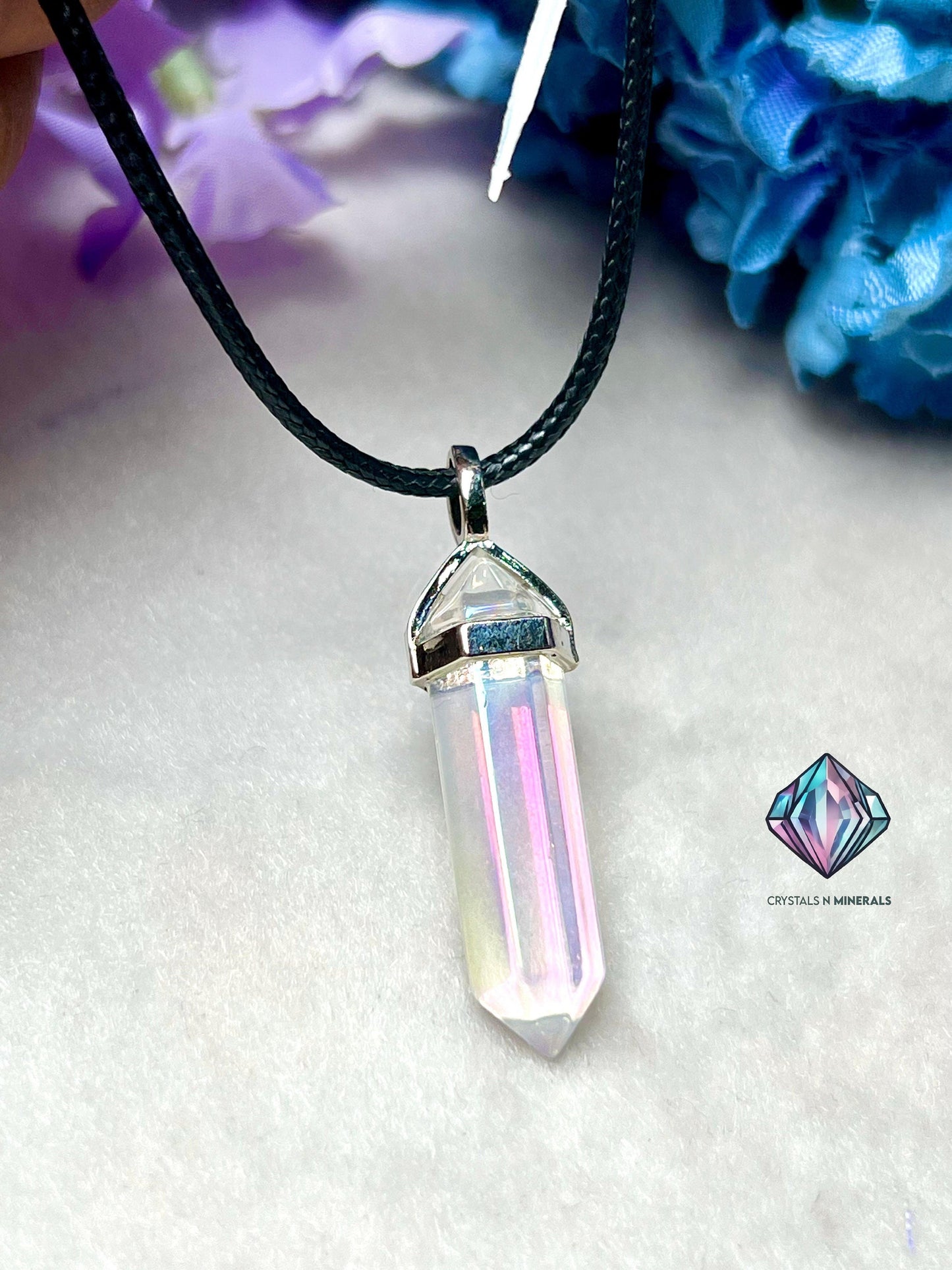 Mystic Angel Aura Quartz Double Point Pendant – Healing Crystal Pencil Necklace with Black Cord (40mm x 10mm)