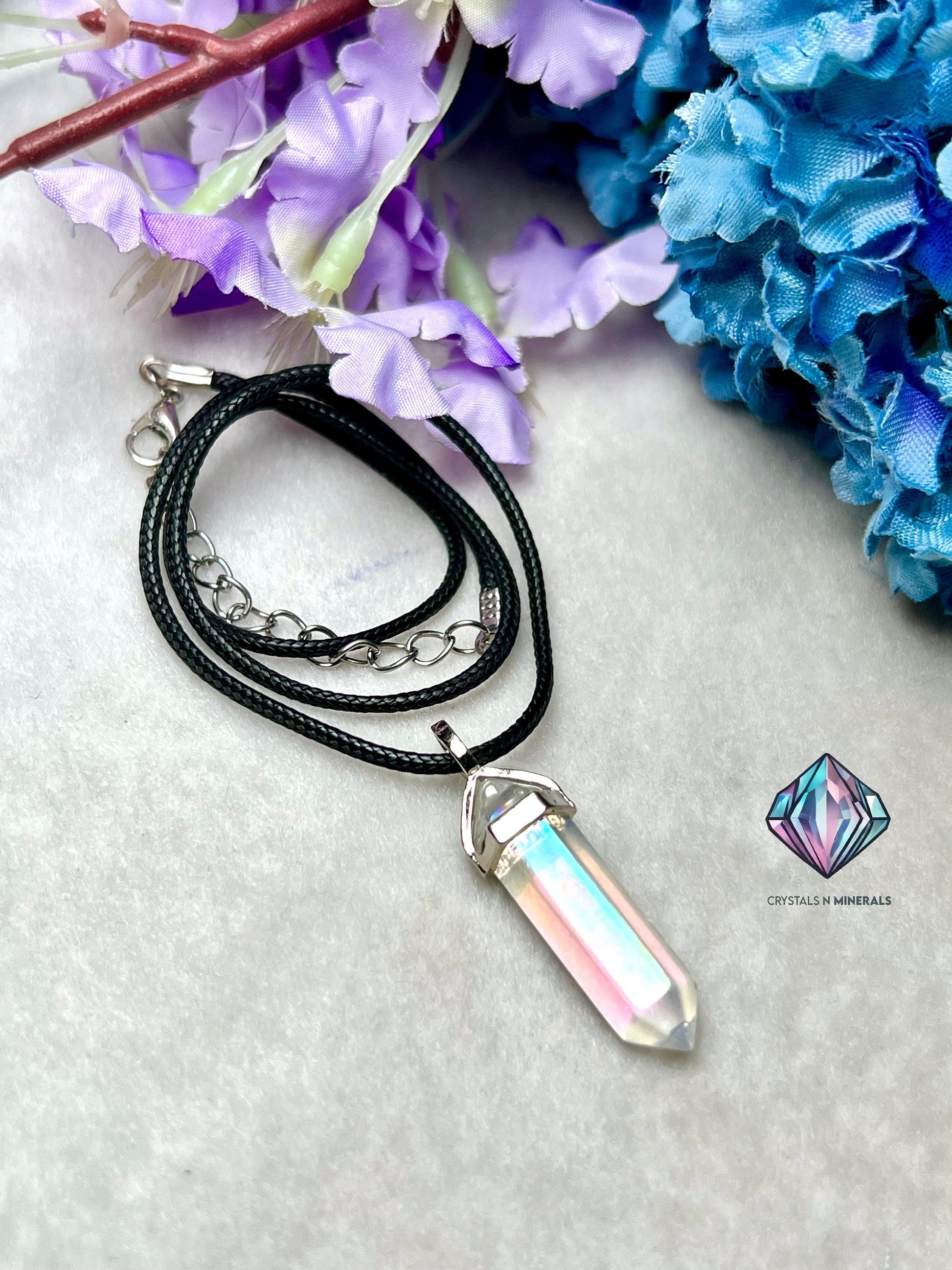 Mystic Angel Aura Quartz Double Point Pendant – Healing Crystal Pencil Necklace with Black Cord (40mm x 10mm)