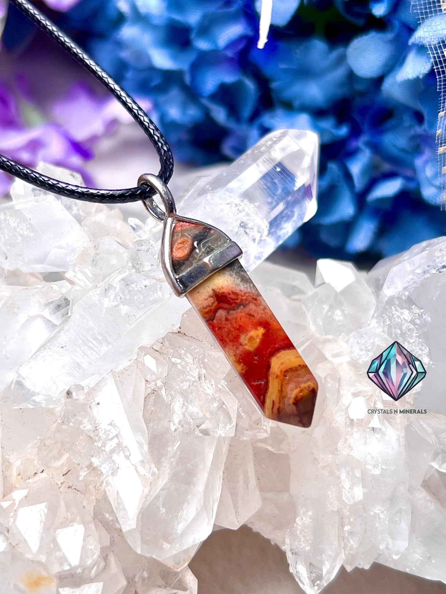 Crazy Lace Agate Stone Double Point Pencil Pendant with Black Cord