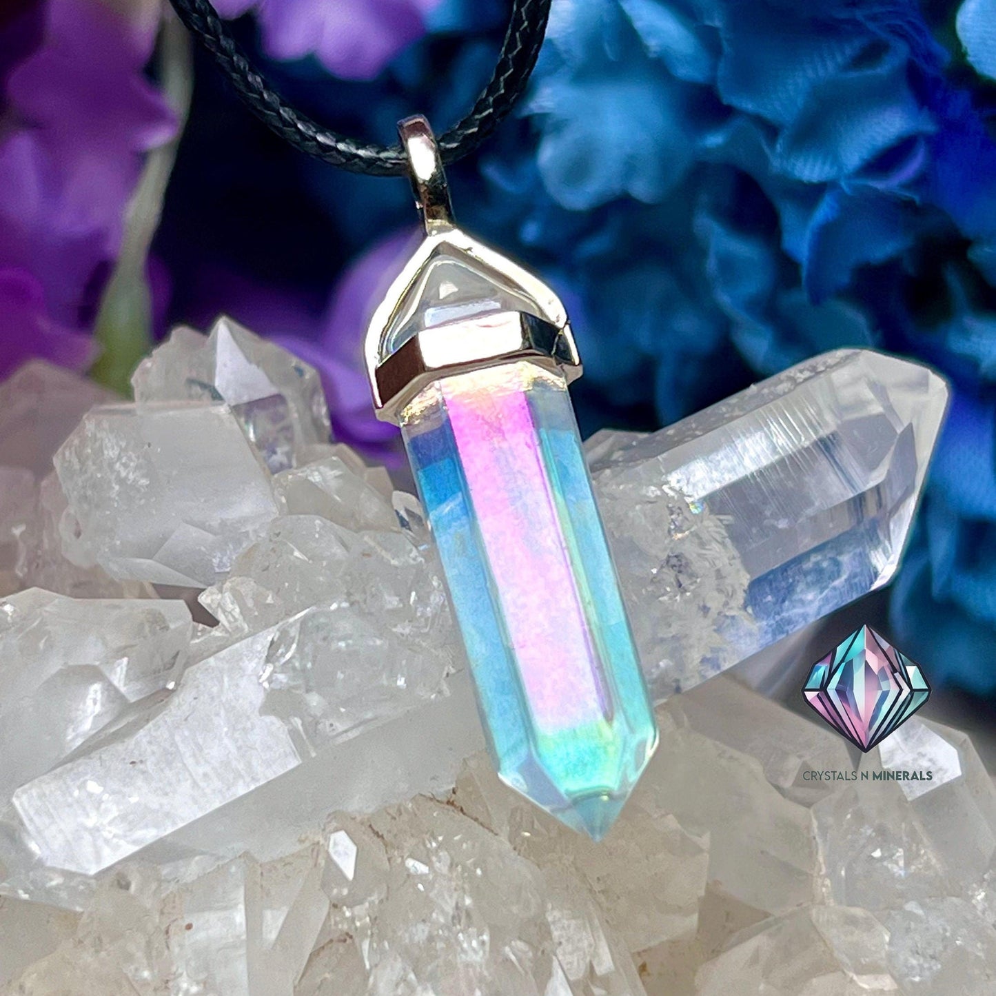 Mystic Angel Aura Quartz Double Point Pendant – Healing Crystal Pencil Necklace with Black Cord (40mm x 10mm)