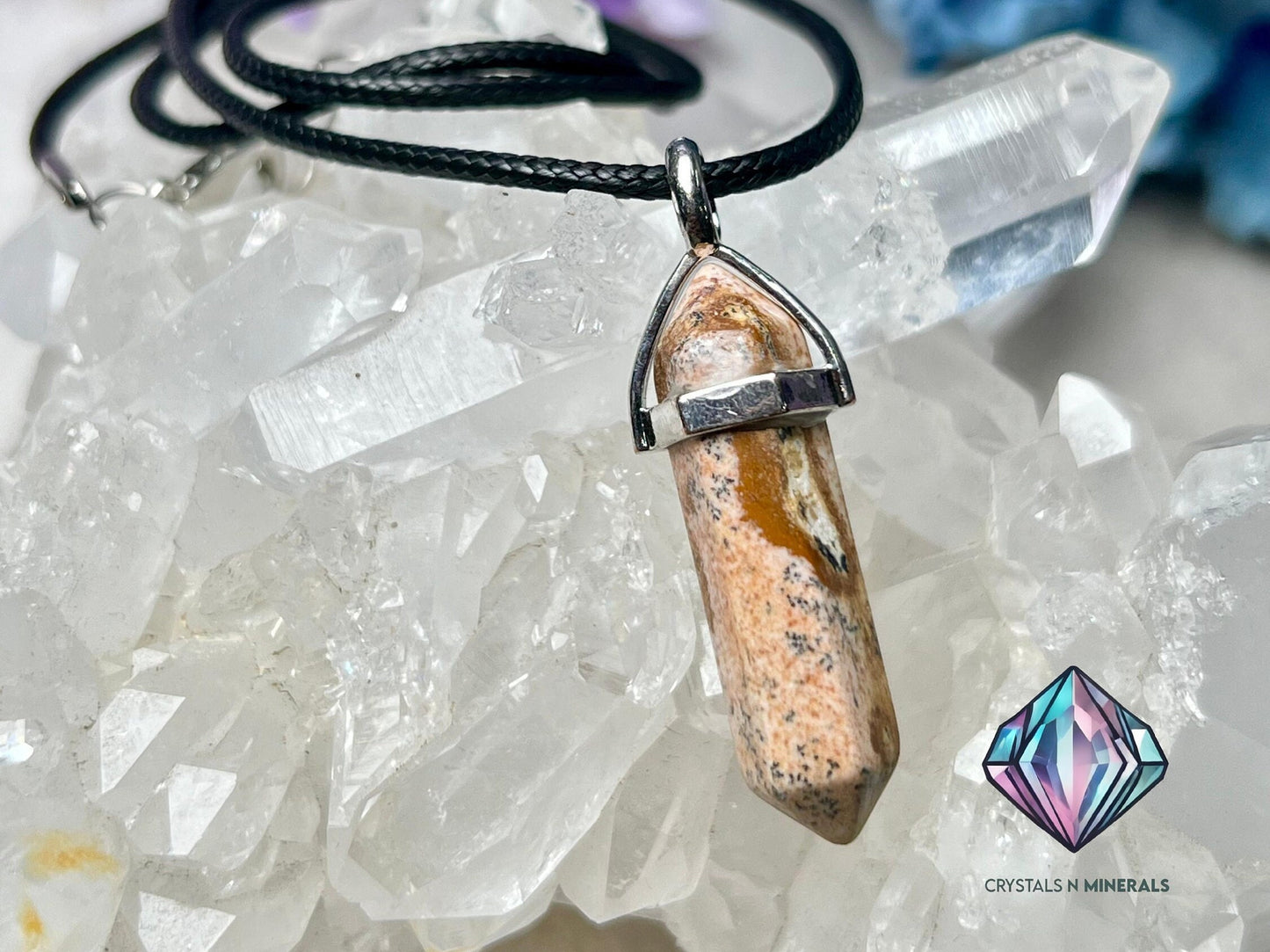 Picture Jasper Stone Double Point Pencil Pendant with Black Cord