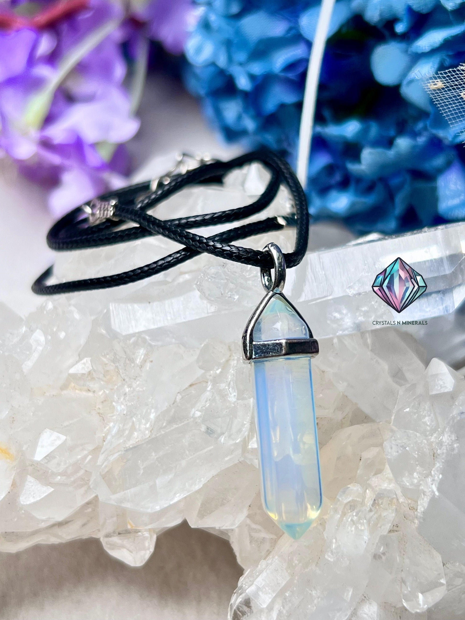 Opalite Stone Double Point Pencil Pendant with Black Cord