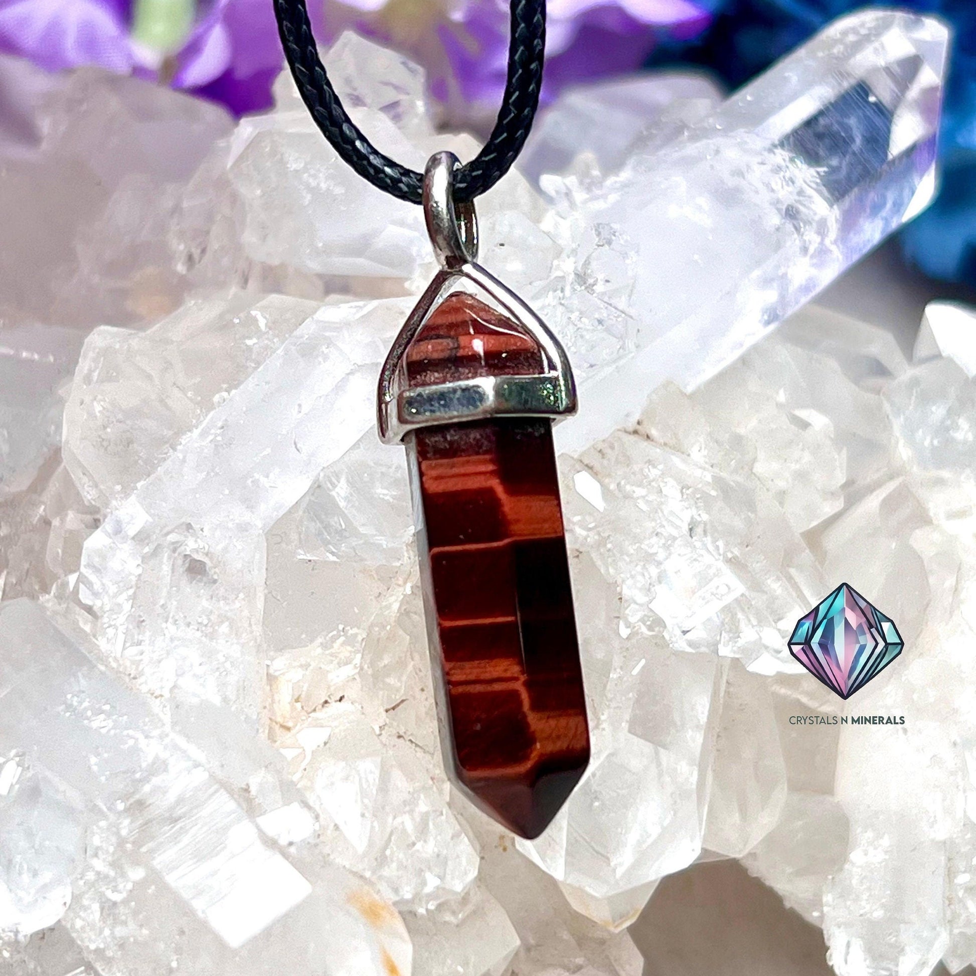 Red Tiger's Eye Stone Double Point Pencil Pendant with Black Cord