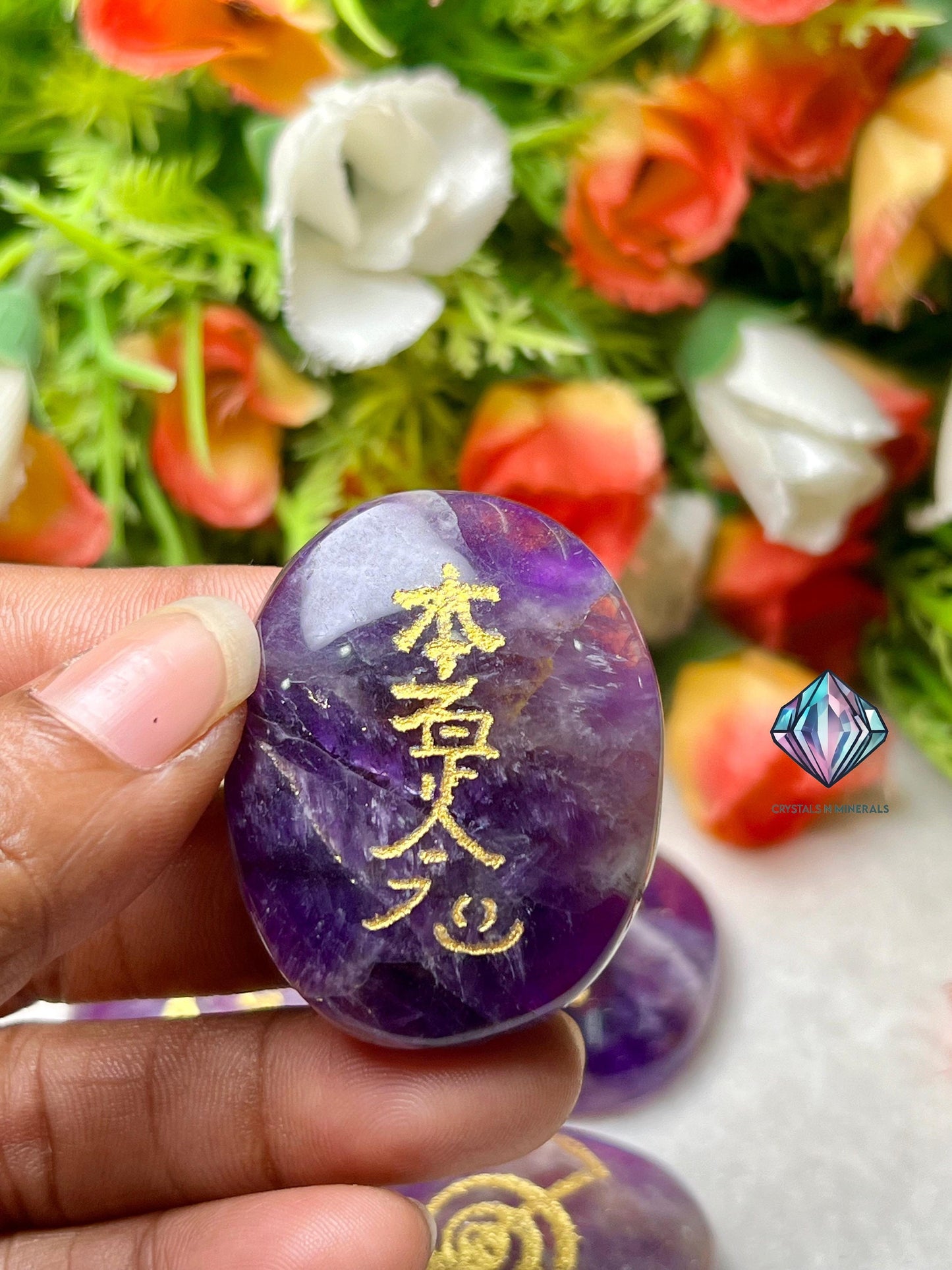 Amethyst Stone Set Of 4 Usui Reiki Symbol Engraved Oval Shape Stone l Cho Ku Rei l Sei Hei Ki l Hon Sha Ze Sho Nen l Dai Ko Myo