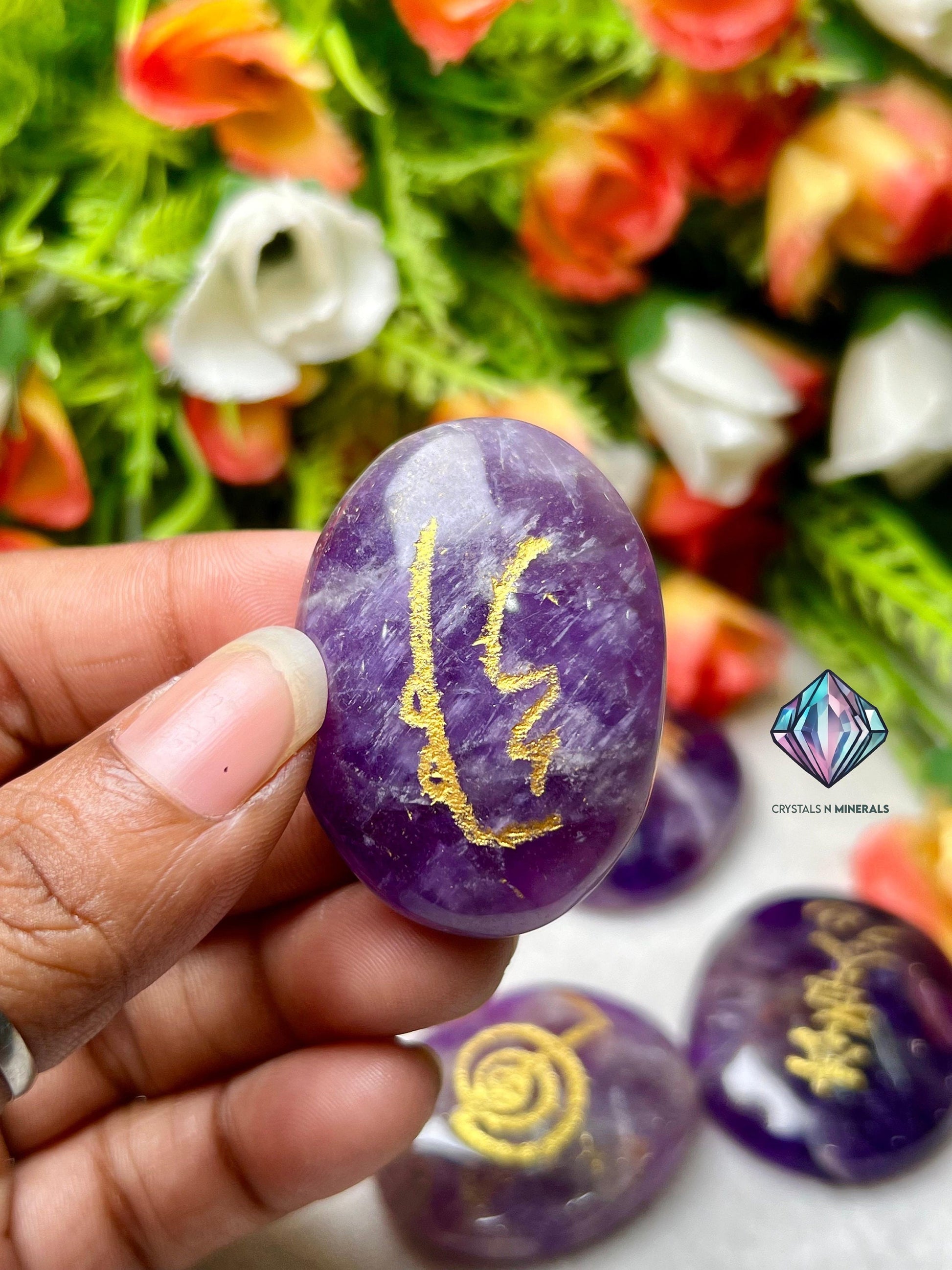 Amethyst Stone Set Of 4 Usui Reiki Symbol Engraved Oval Shape Stone l Cho Ku Rei l Sei Hei Ki l Hon Sha Ze Sho Nen l Dai Ko Myo