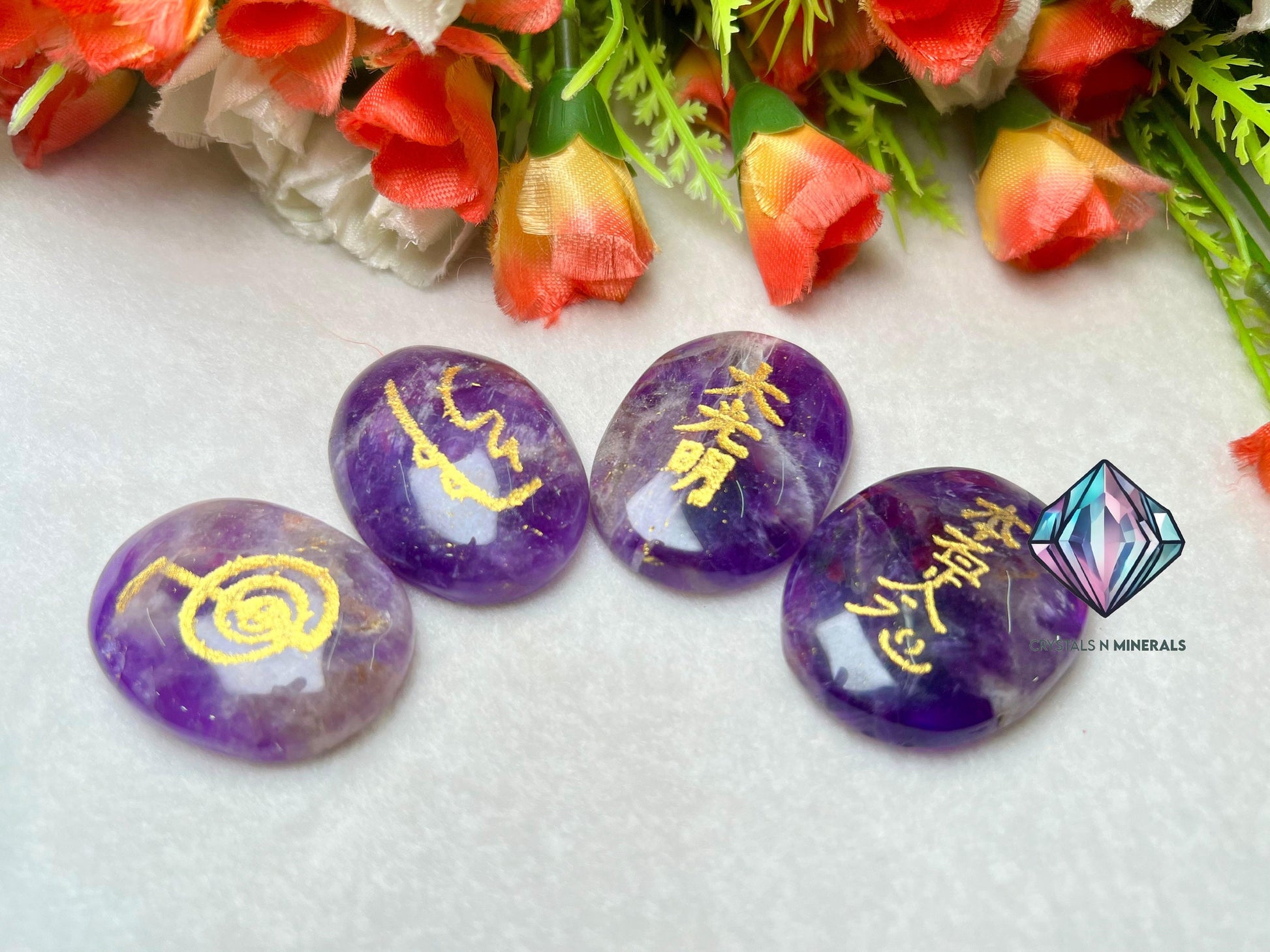 Amethyst Stone Set Of 4 Usui Reiki Symbol Engraved Oval Shape Stone l Cho Ku Rei l Sei Hei Ki l Hon Sha Ze Sho Nen l Dai Ko Myo