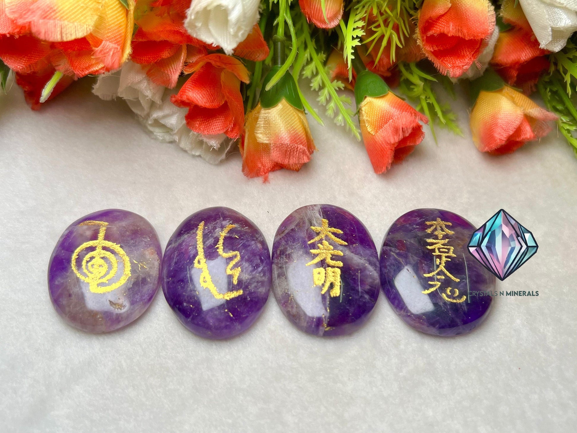 Amethyst Stone Set Of 4 Usui Reiki Symbol Engraved Oval Shape Stone l Cho Ku Rei l Sei Hei Ki l Hon Sha Ze Sho Nen l Dai Ko Myo