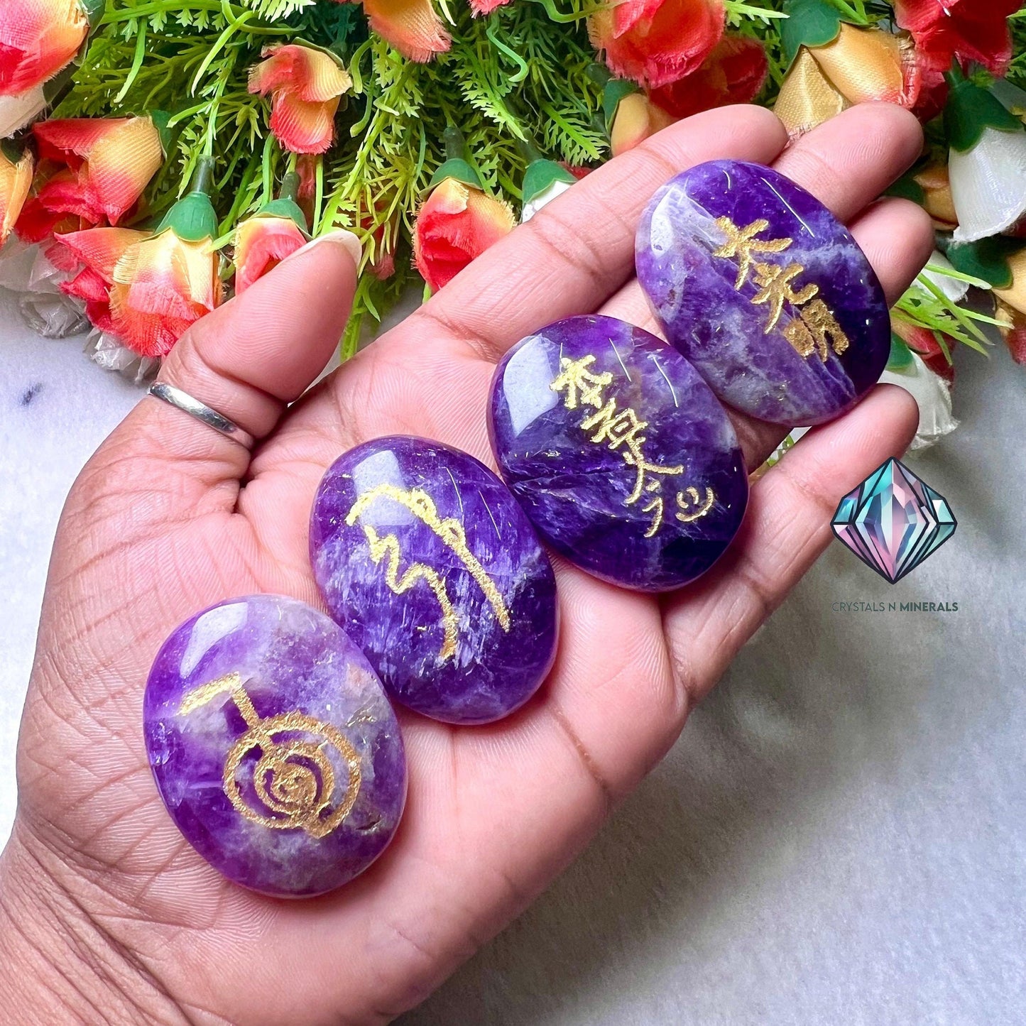 Amethyst Stone Set Of 4 Usui Reiki Symbol Engraved Oval Shape Stone l Cho Ku Rei l Sei Hei Ki l Hon Sha Ze Sho Nen l Dai Ko Myo