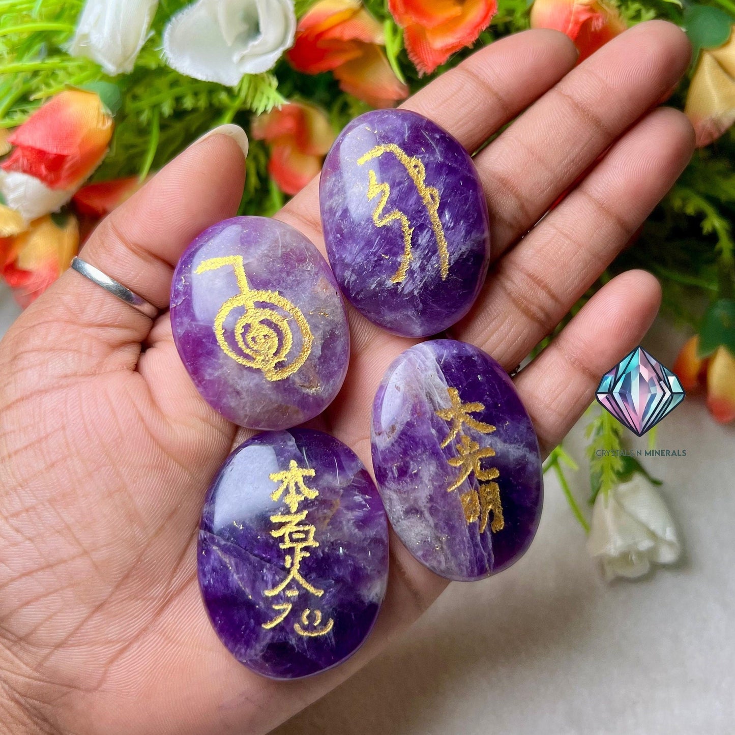 Amethyst Stone Set Of 4 Usui Reiki Symbol Engraved Oval Shape Stone l Cho Ku Rei l Sei Hei Ki l Hon Sha Ze Sho Nen l Dai Ko Myo