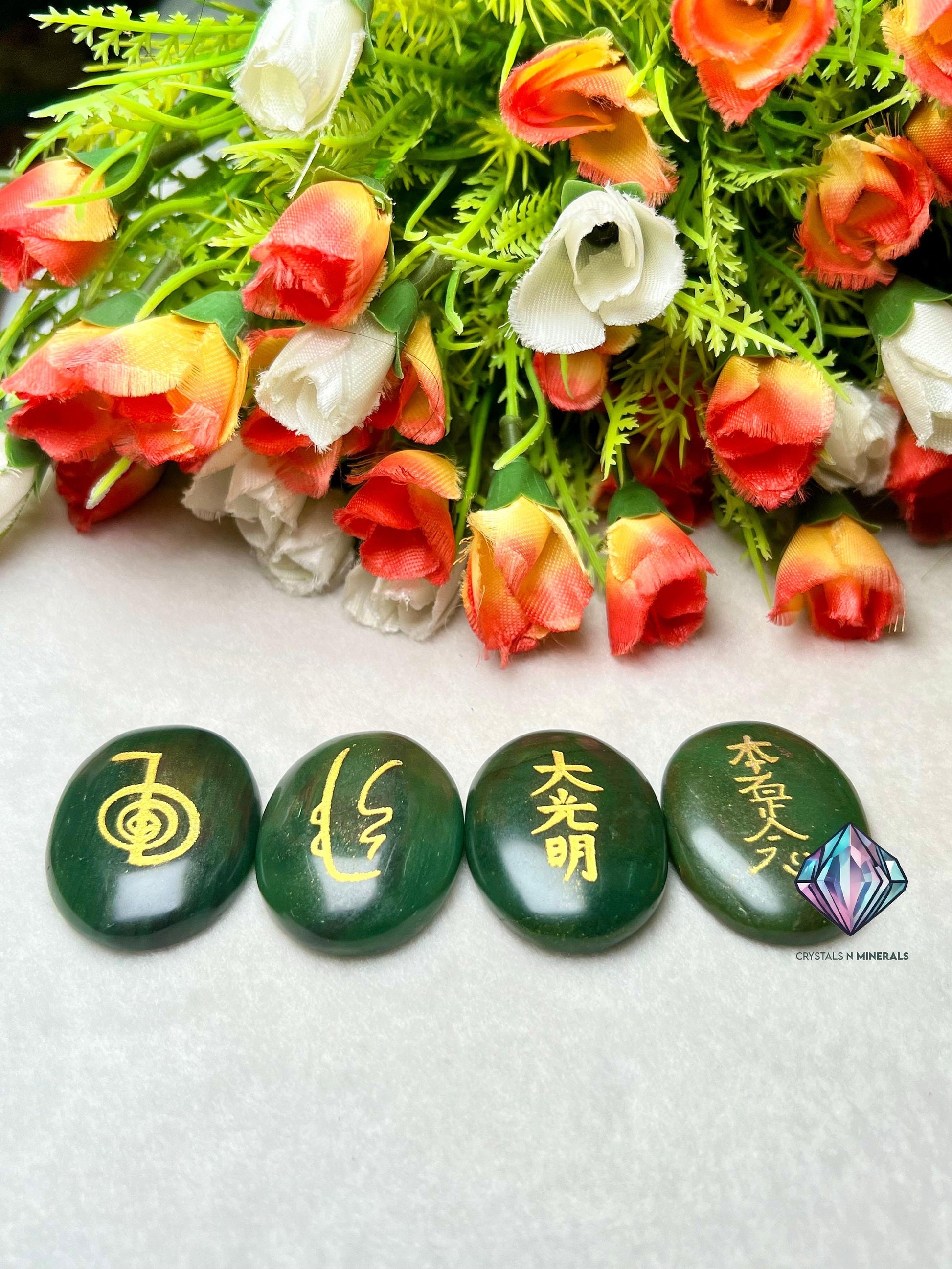 Green Jade Stone Set Of 4 Usui Reiki Symbol Engraved Oval Shape Stone l Cho Ku Rei l Sei Hei Ki l Hon Sha Ze Sho Nen l Dai Ko Myo