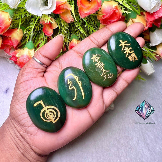 Green Jade Stone Set Of 4 Usui Reiki Symbol Engraved Oval Shape Stone l Cho Ku Rei l Sei Hei Ki l Hon Sha Ze Sho Nen l Dai Ko Myo