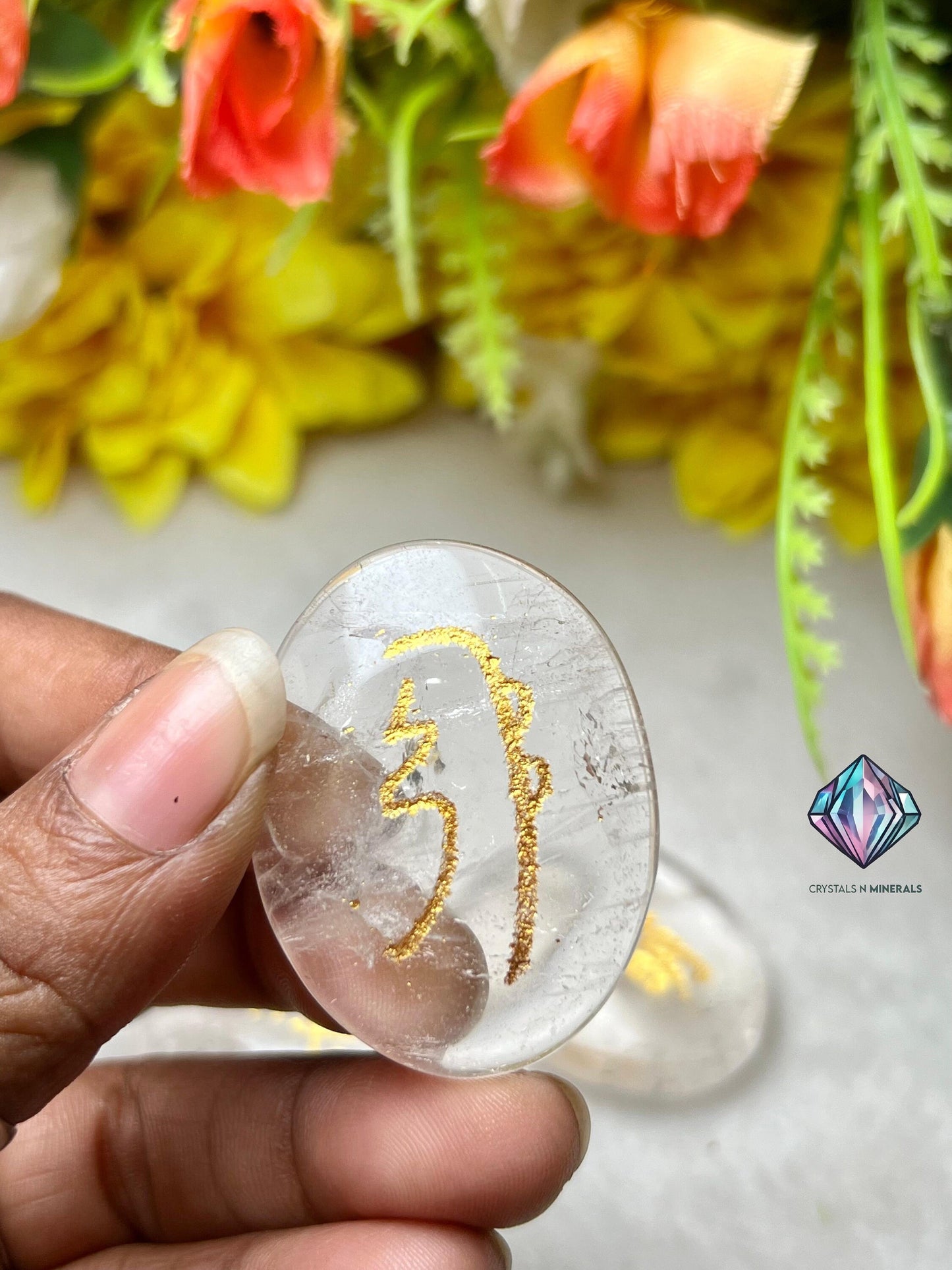 Himalya Crystal Quartz Stone Set Of 4 Usui Reiki Symbol Engraved Oval Shape Stone Cho Ku Rei l Sei Hei Ki l Hon Sha Ze Sho Nen l Dai Ko Myo