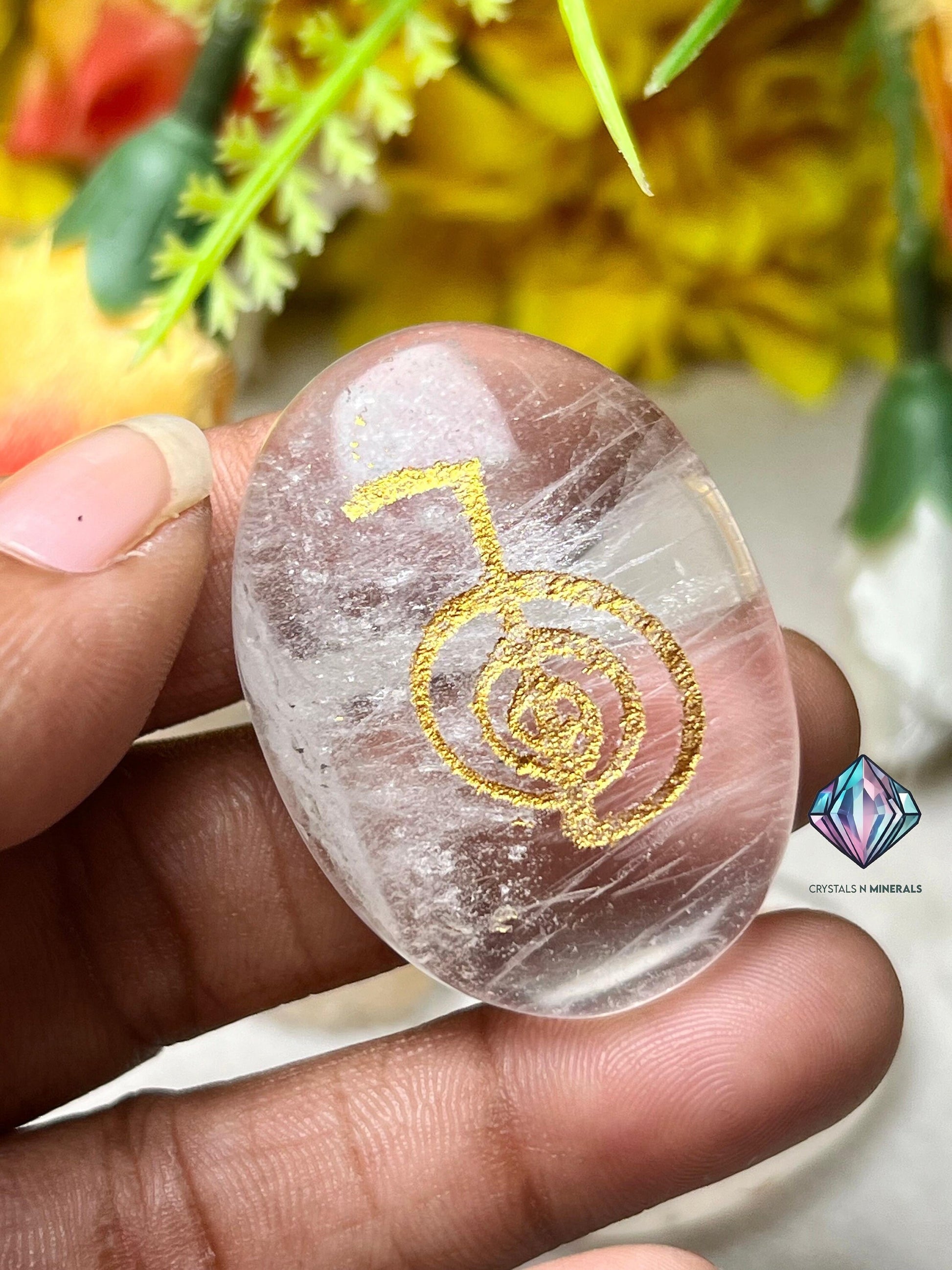 Himalya Crystal Quartz Stone Set Of 4 Usui Reiki Symbol Engraved Oval Shape Stone Cho Ku Rei l Sei Hei Ki l Hon Sha Ze Sho Nen l Dai Ko Myo