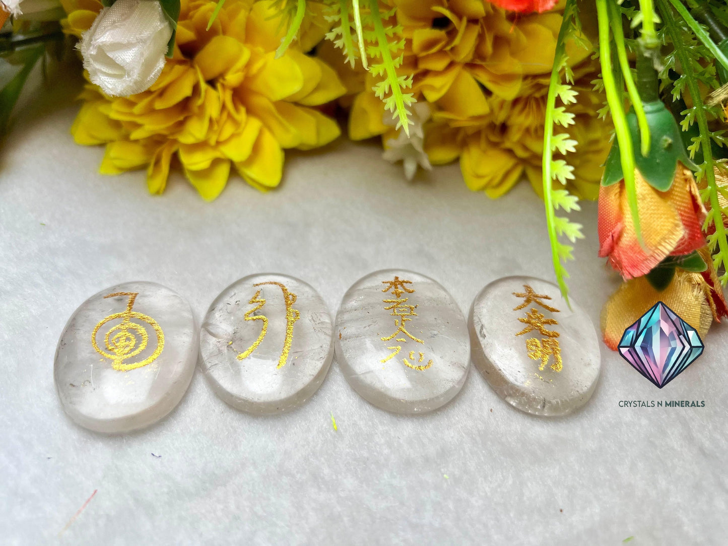 Himalya Crystal Quartz Stone Set Of 4 Usui Reiki Symbol Engraved Oval Shape Stone Cho Ku Rei l Sei Hei Ki l Hon Sha Ze Sho Nen l Dai Ko Myo