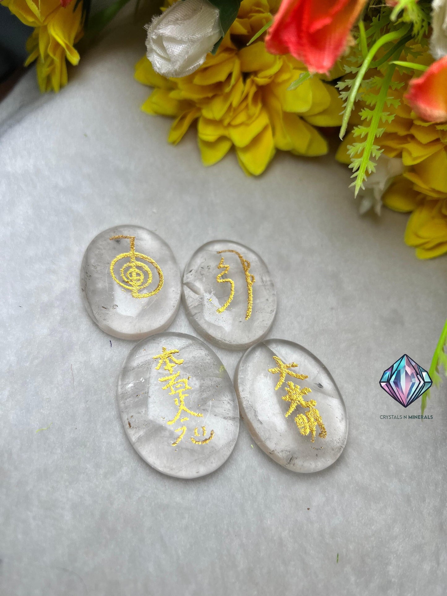 Himalya Crystal Quartz Stone Set Of 4 Usui Reiki Symbol Engraved Oval Shape Stone Cho Ku Rei l Sei Hei Ki l Hon Sha Ze Sho Nen l Dai Ko Myo