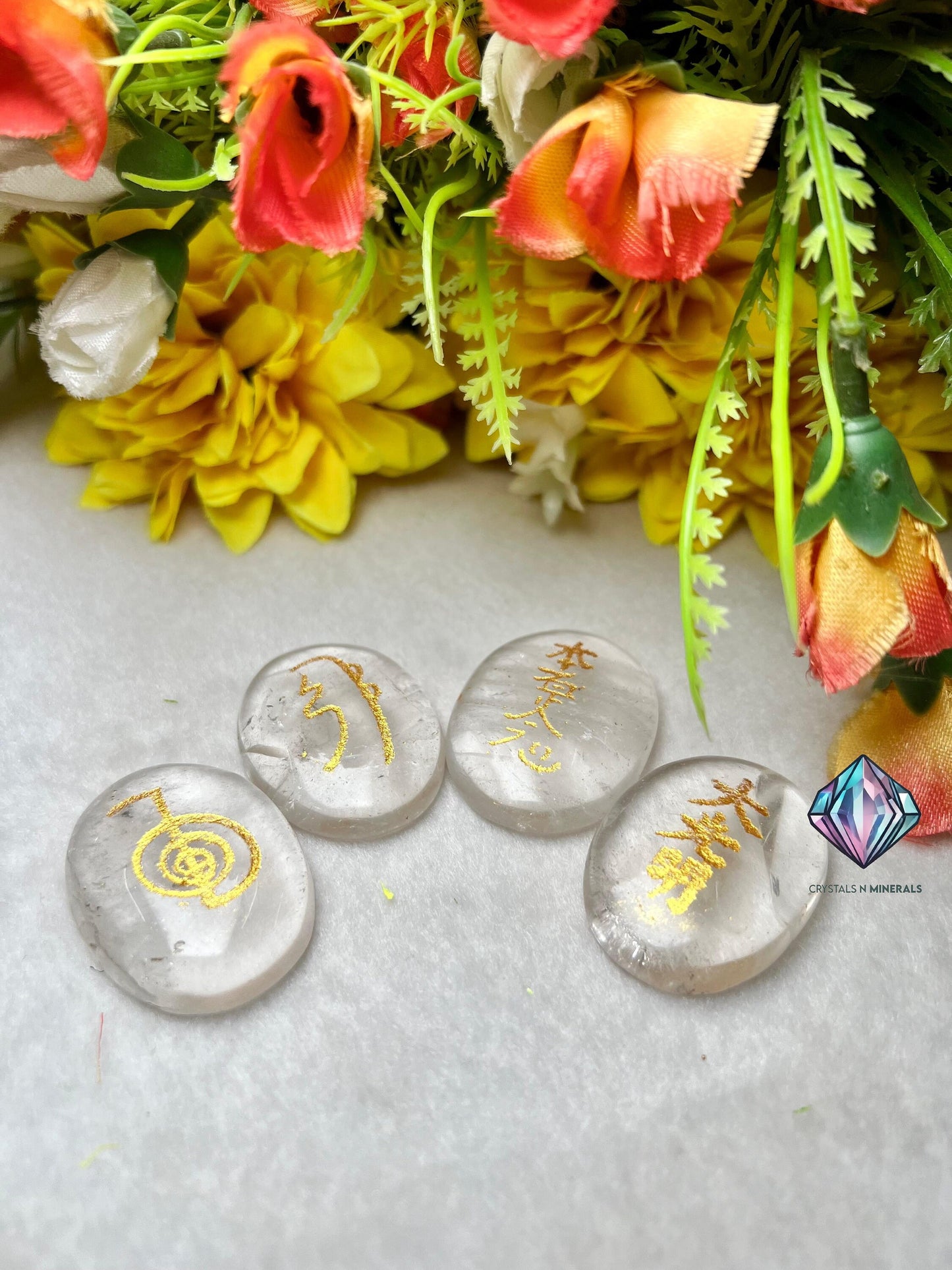 Himalya Crystal Quartz Stone Set Of 4 Usui Reiki Symbol Engraved Oval Shape Stone Cho Ku Rei l Sei Hei Ki l Hon Sha Ze Sho Nen l Dai Ko Myo