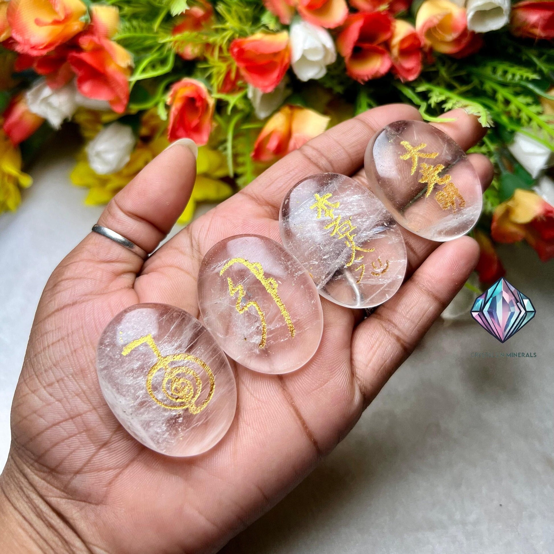 Himalya Crystal Quartz Stone Set Of 4 Usui Reiki Symbol Engraved Oval Shape Stone Cho Ku Rei l Sei Hei Ki l Hon Sha Ze Sho Nen l Dai Ko Myo