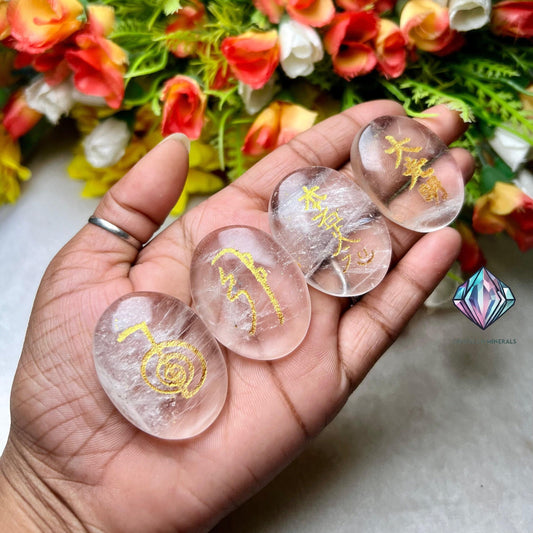 Himalya Crystal Quartz Stone Set Of 4 Usui Reiki Symbol Engraved Oval Shape Stone Cho Ku Rei l Sei Hei Ki l Hon Sha Ze Sho Nen l Dai Ko Myo