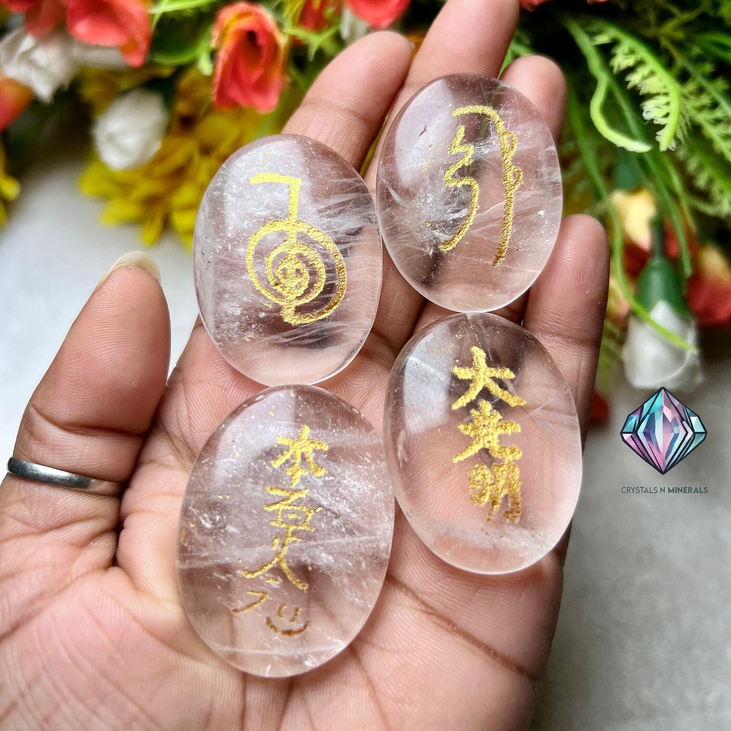 Himalya Crystal Quartz Stone Set Of 4 Usui Reiki Symbol Engraved Oval Shape Stone Cho Ku Rei l Sei Hei Ki l Hon Sha Ze Sho Nen l Dai Ko Myo