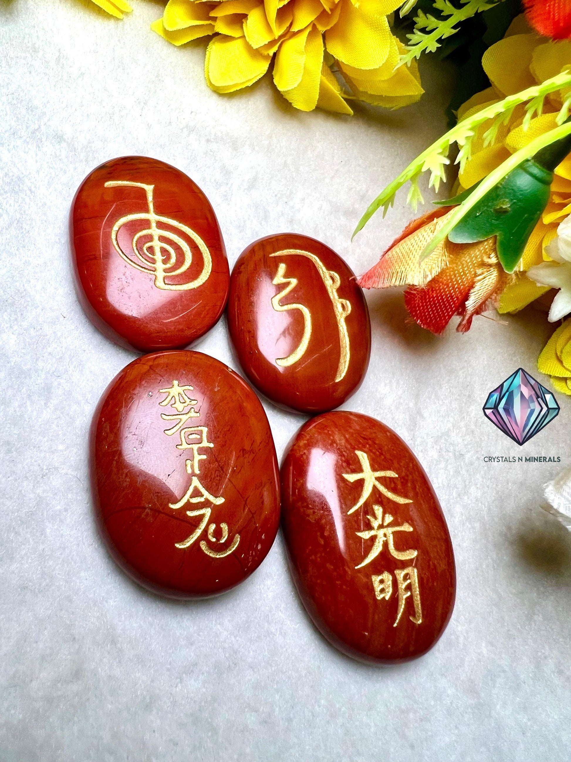 Red Jasper Stone Set Of 4 Usui Reiki Symbol Engraved Oval Shape Stone l Cho Ku Rei l Sei Hei Ki l Hon Sha Ze Sho Nen l Dai Ko Myo