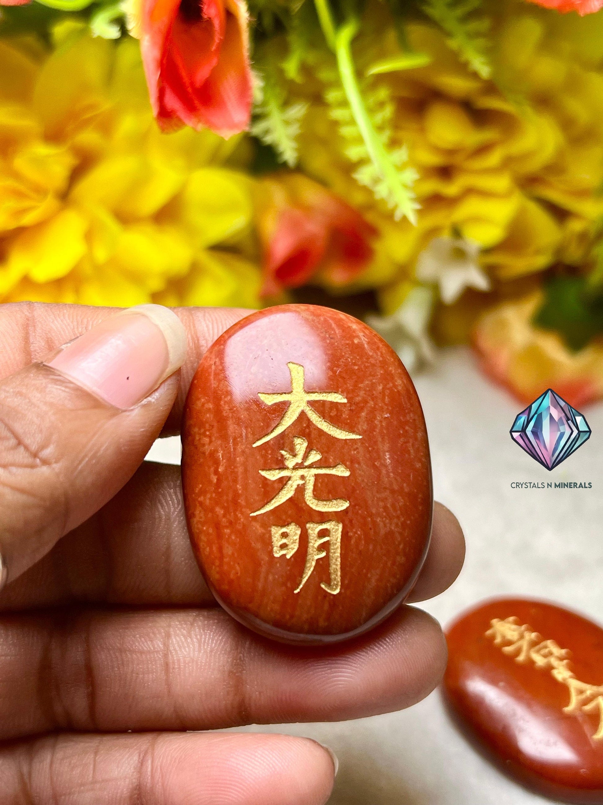 Red Jasper Stone Set Of 4 Usui Reiki Symbol Engraved Oval Shape Stone l Cho Ku Rei l Sei Hei Ki l Hon Sha Ze Sho Nen l Dai Ko Myo