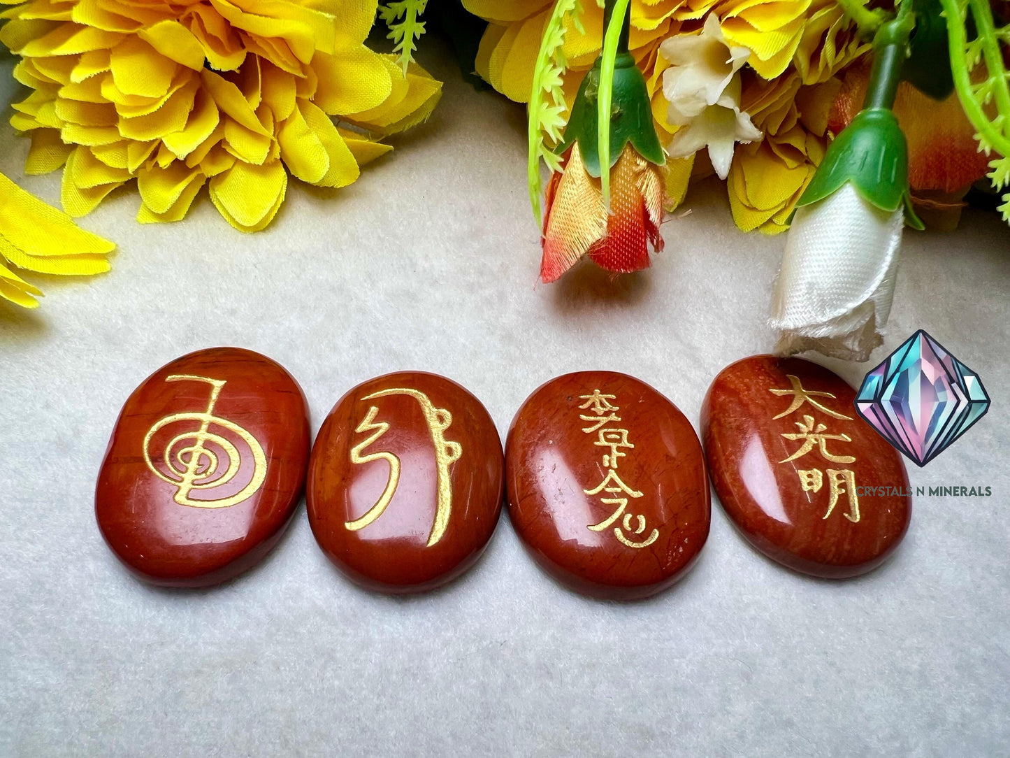 Red Jasper Stone Set Of 4 Usui Reiki Symbol Engraved Oval Shape Stone l Cho Ku Rei l Sei Hei Ki l Hon Sha Ze Sho Nen l Dai Ko Myo