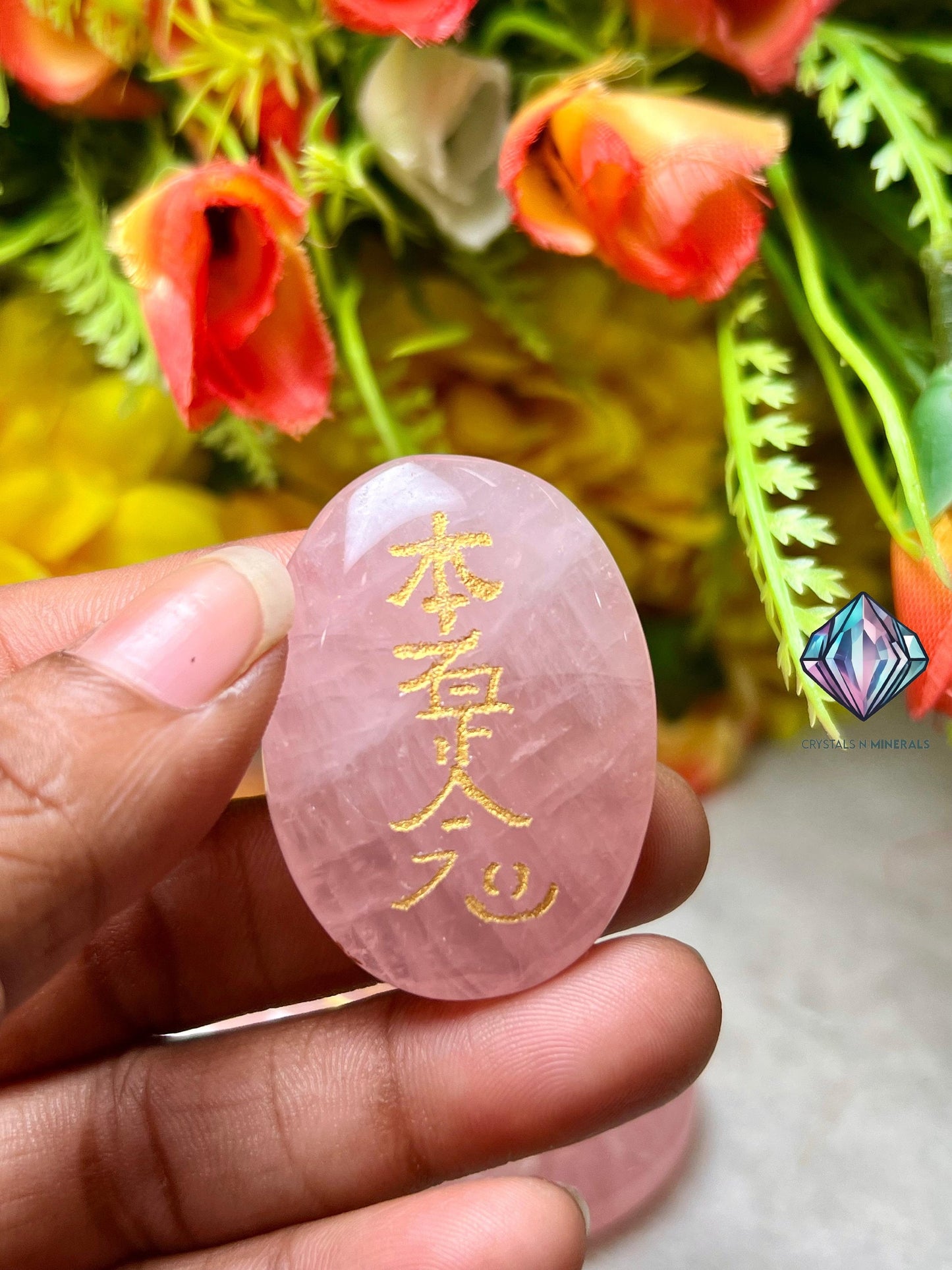 Rose Quartz Stone Set Of 4 Usui Reiki Symbol Engraved Oval Shape Stone l Cho Ku Rei l Sei Hei Ki l Hon Sha Ze Sho Nen l Dai Ko Myo