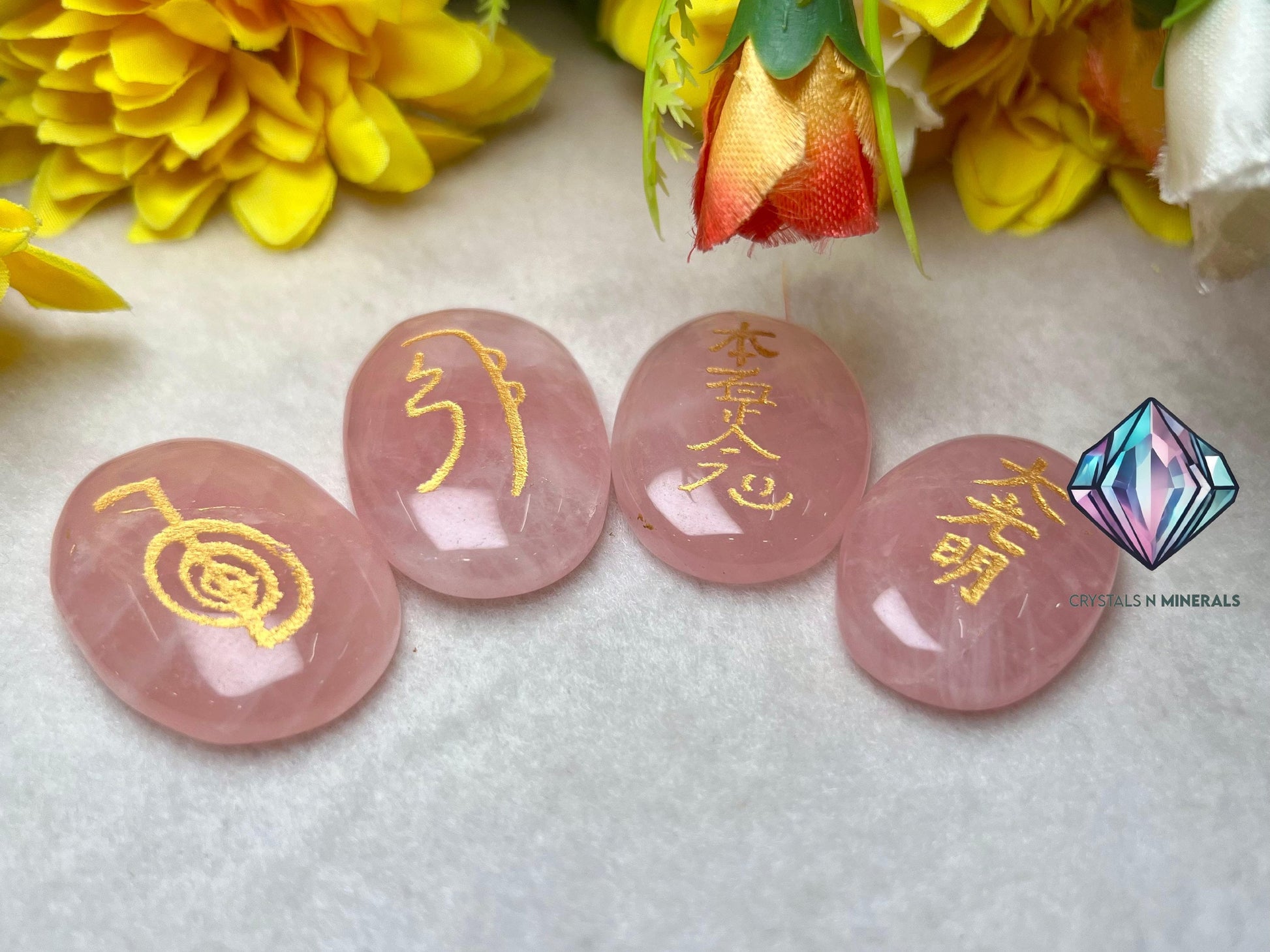 Rose Quartz Stone Set Of 4 Usui Reiki Symbol Engraved Oval Shape Stone l Cho Ku Rei l Sei Hei Ki l Hon Sha Ze Sho Nen l Dai Ko Myo