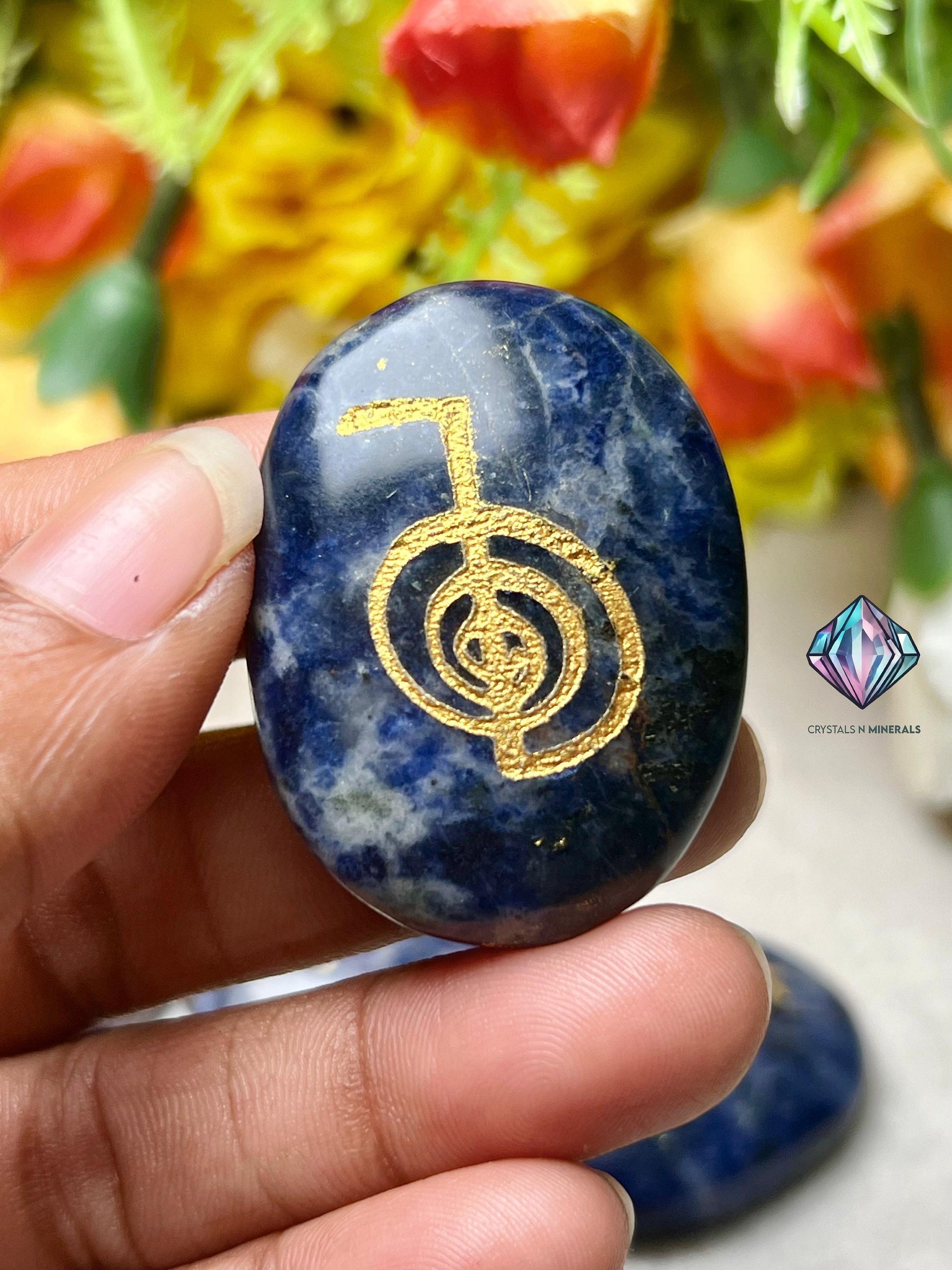 Sodalite Stone Set Of 4 Usui Reiki Symbol Engraved Oval Shape Stone l Cho Ku Rei l Sei Hei Ki l Hon Sha Ze Sho Nen l Dai Ko Myo