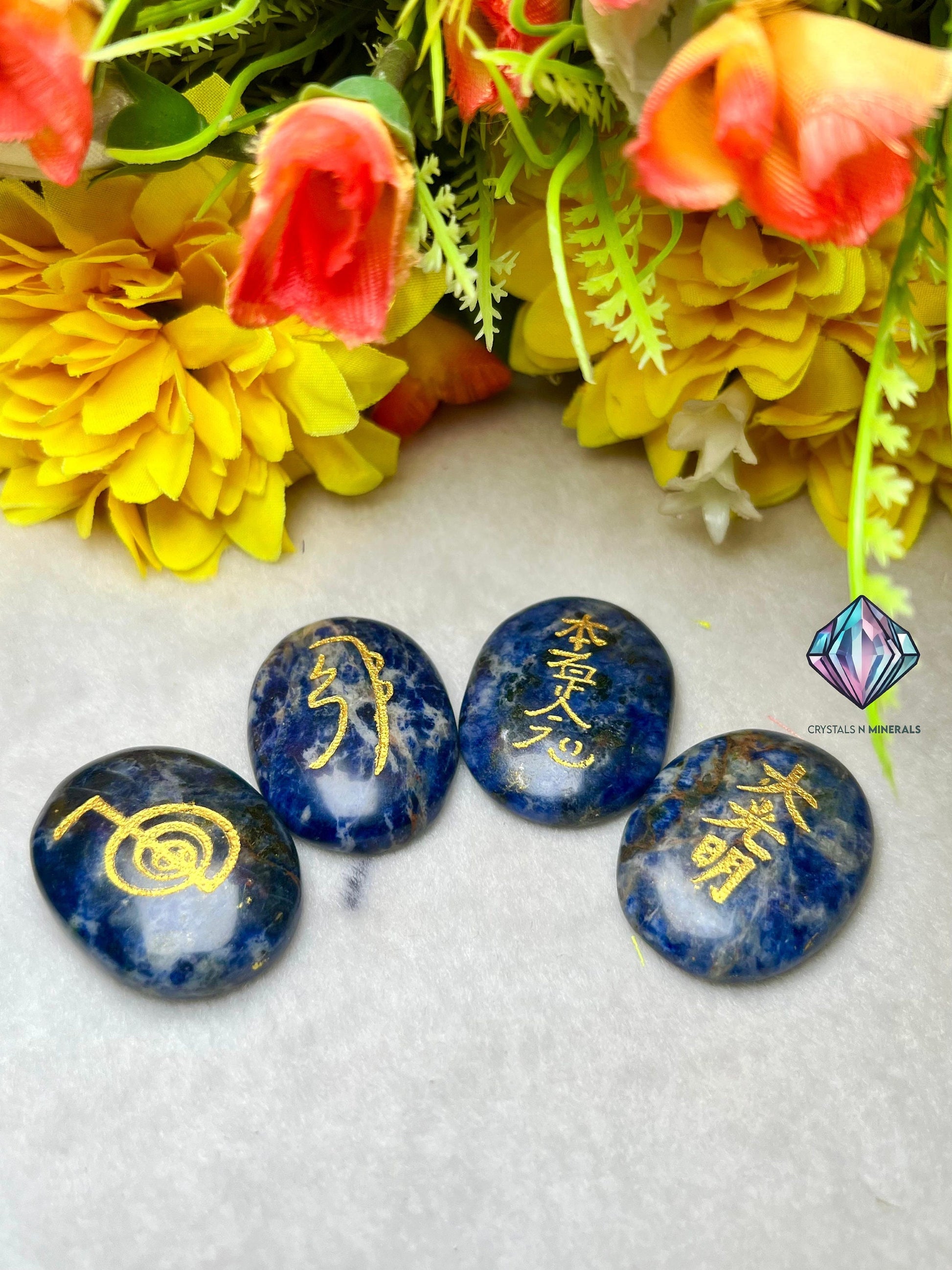 Sodalite Stone Set Of 4 Usui Reiki Symbol Engraved Oval Shape Stone l Cho Ku Rei l Sei Hei Ki l Hon Sha Ze Sho Nen l Dai Ko Myo